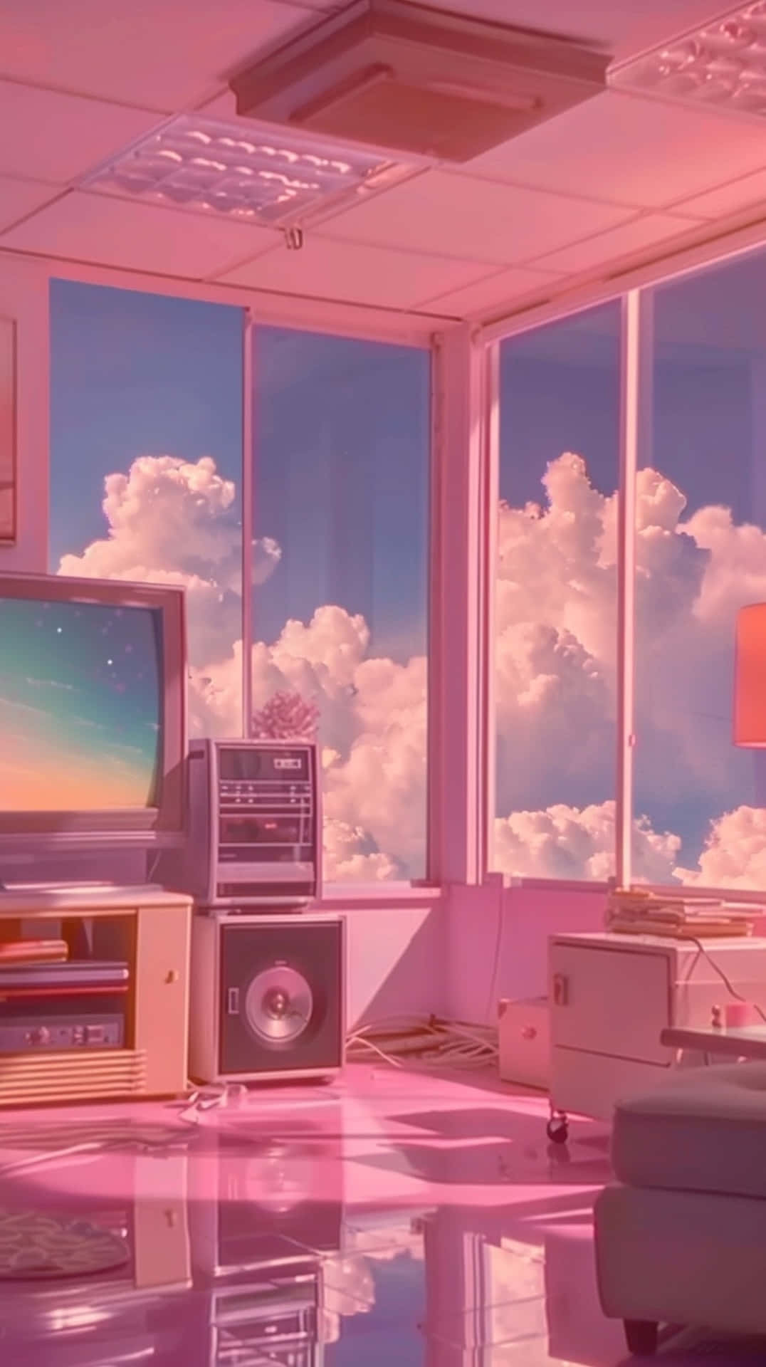 retro computer room, pink hues, retro tech, Full HD Phone Wallpaper
