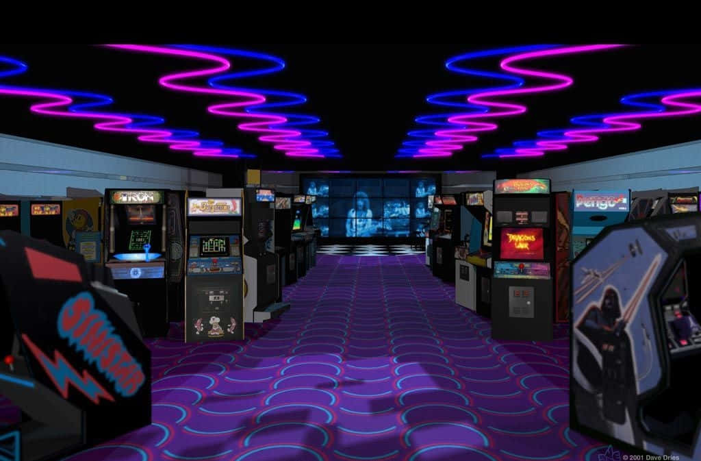 80s Retro Arcade, glowing purple and blue neon swirls, circular patterned carpet, SD Desktop Wallpaper