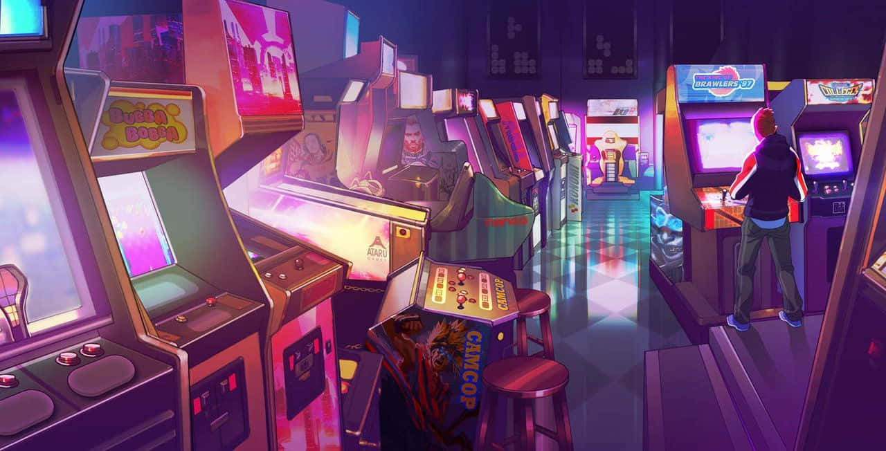 80s Retro Arcade, neon-lit arcade room, classic gaming machines, HD Desktop Wallpaper