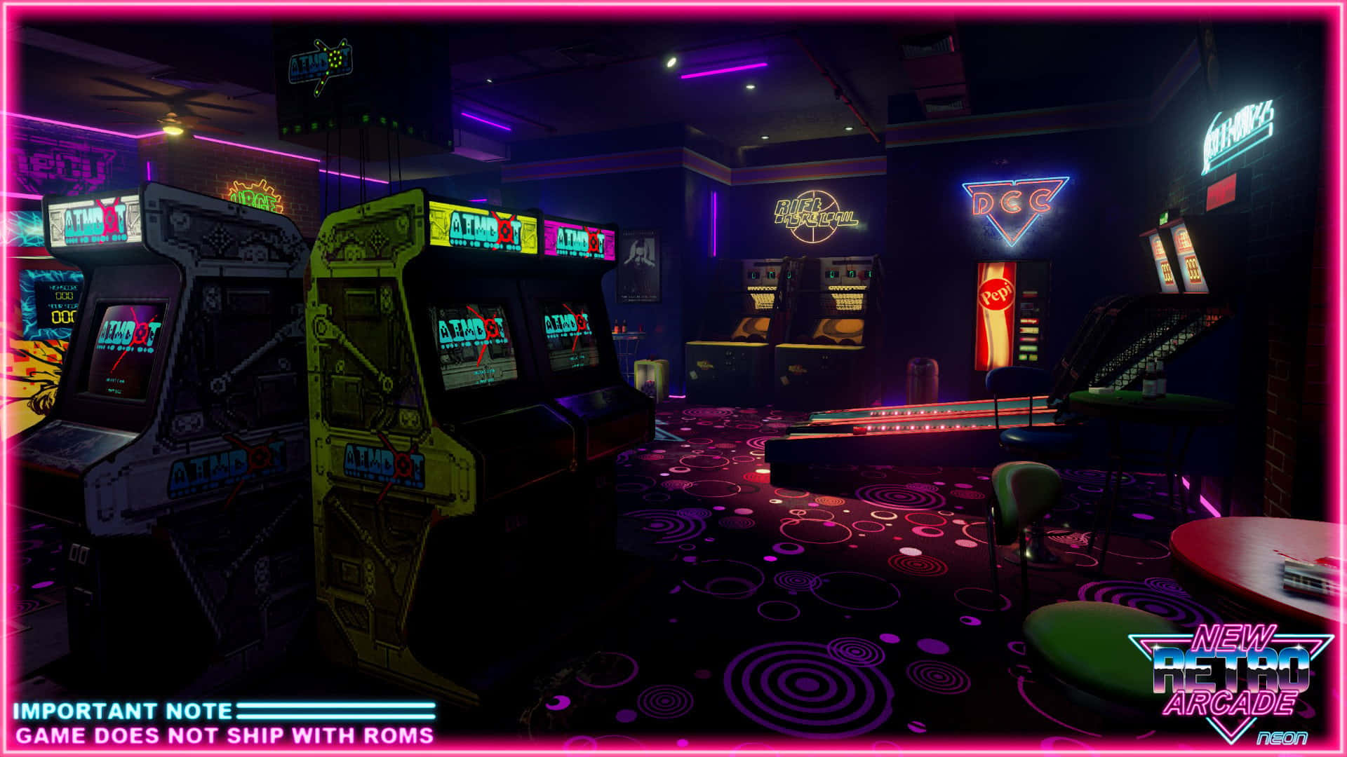 80s Retro Arcade, neon-lit retro arcade room, glowing cabinets, Full HD Desktop Wallpaper