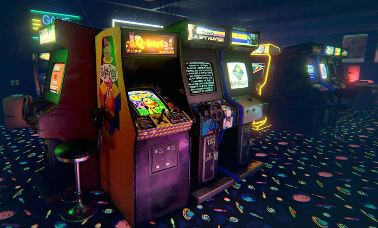 80s Retro Arcade, neon lights, dimly lit gaming hall, SD Desktop Wallpaper