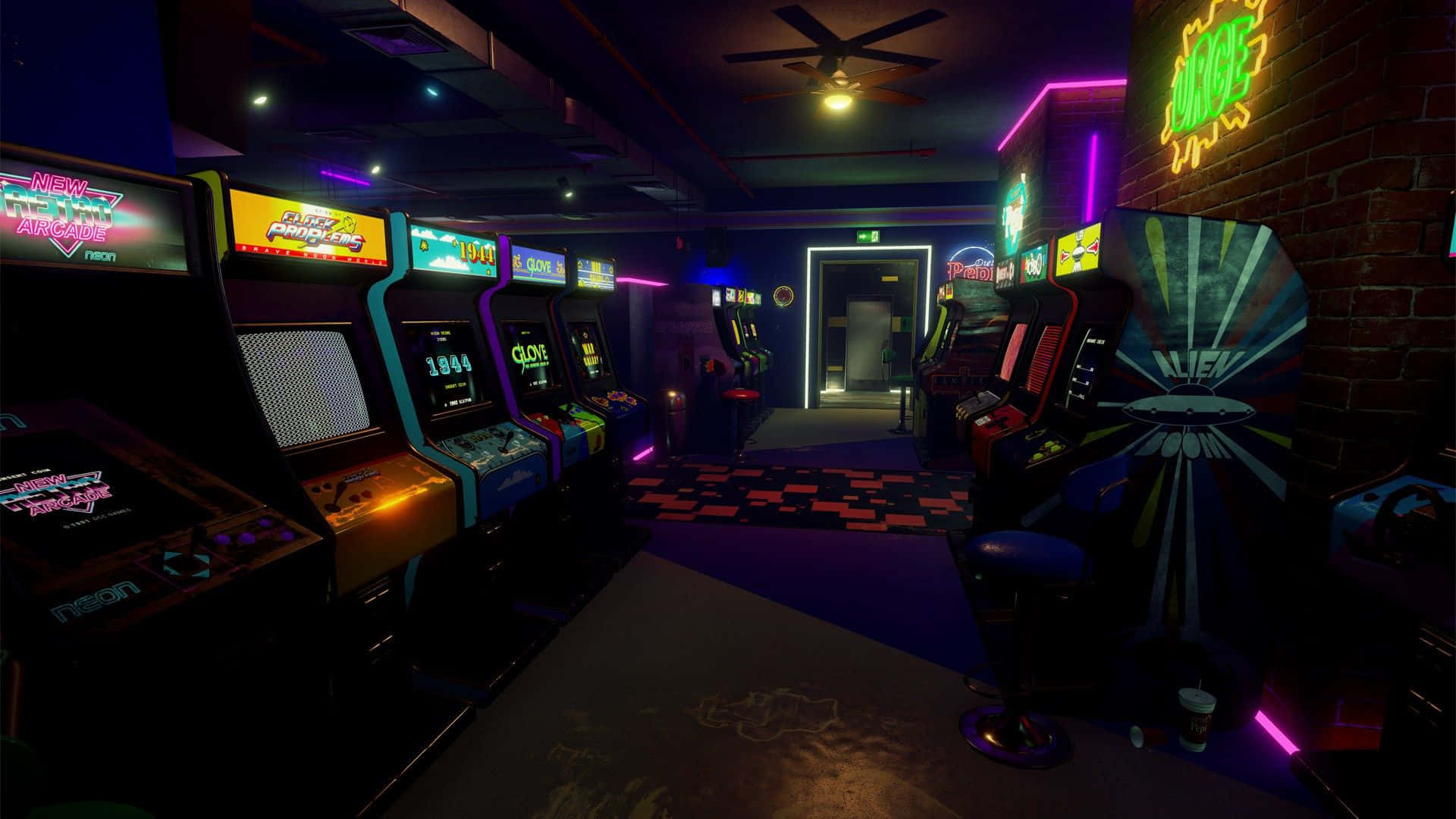 80s retro arcade, neon signs, vintage game cabinets, Full HD Desktop Wallpaper