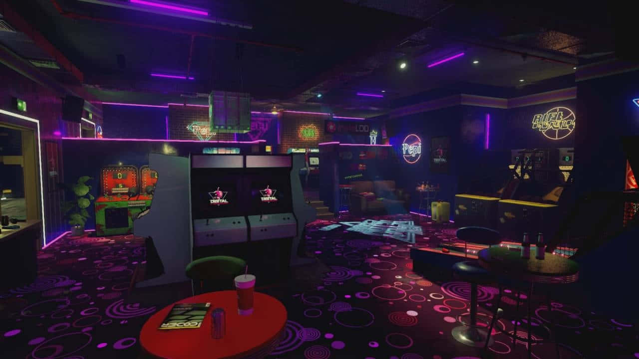 80s Retro Arcade, neon-lit, glowing machines, HD Desktop Wallpaper