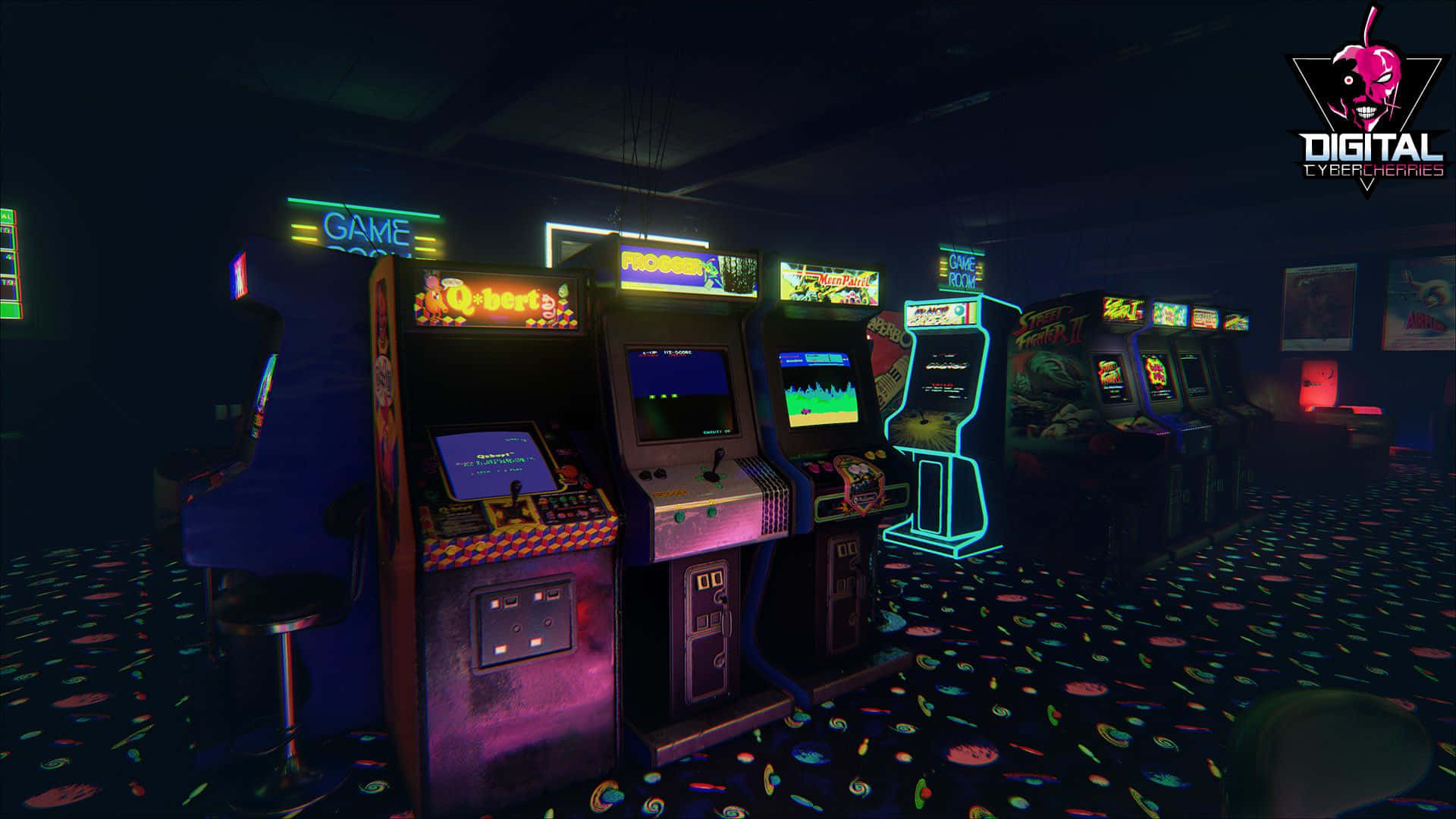 80s Retro Arcade, neon-lit vintage arcade machines, dimly lit retro gaming hall, Full HD Desktop Wallpaper