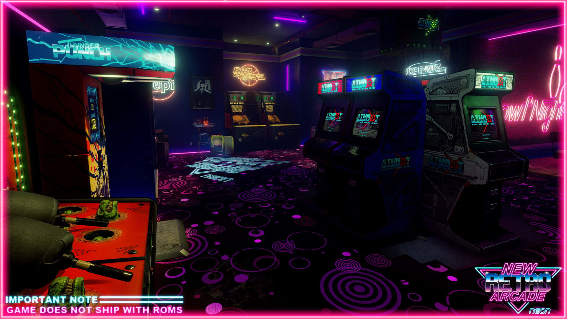 80s Retro Arcade, neon-lit arcade room, retro gaming machines, Full HD Desktop Wallpaper