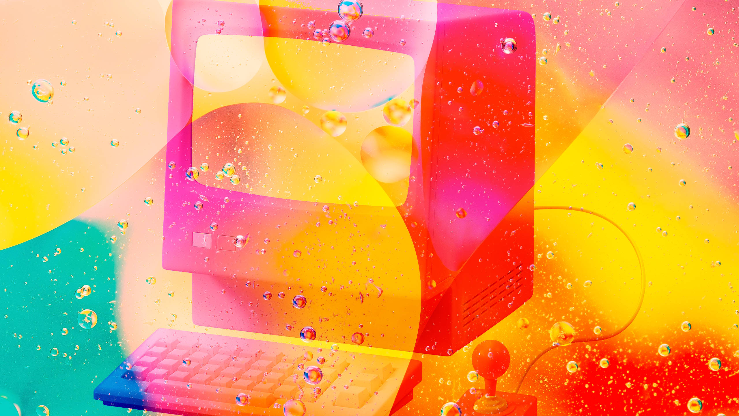80s Retro Vintage Computer, colorful liquid, floating bubbles, 2K Desktop Wallpaper