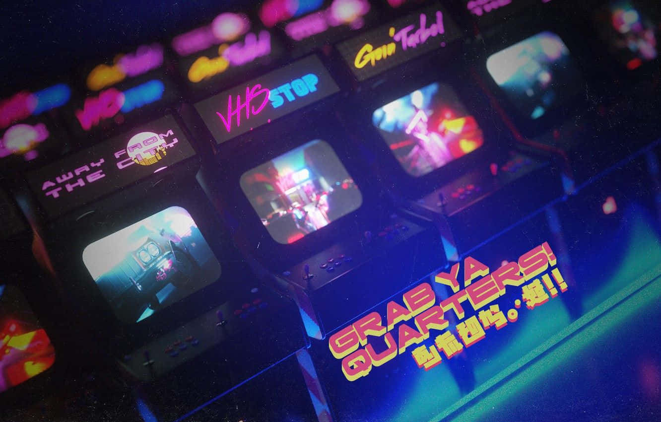 80s, neon-lit arcade machines, retro gaming hall, HD Desktop Wallpaper