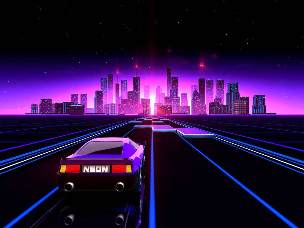 neon-lit sports car, glowing grid road, futuristic city skyline, SD Desktop Wallpaper