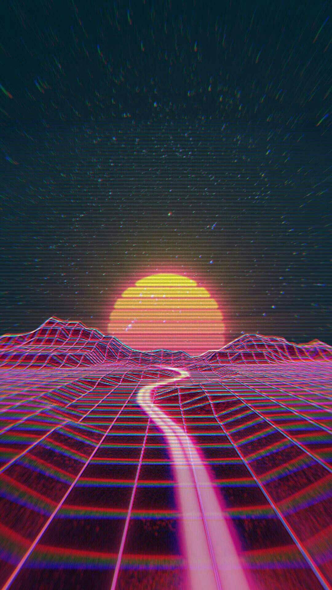 neon grid road, glowing pink mountains, pixelated sunset, Full HD Phone Wallpaper