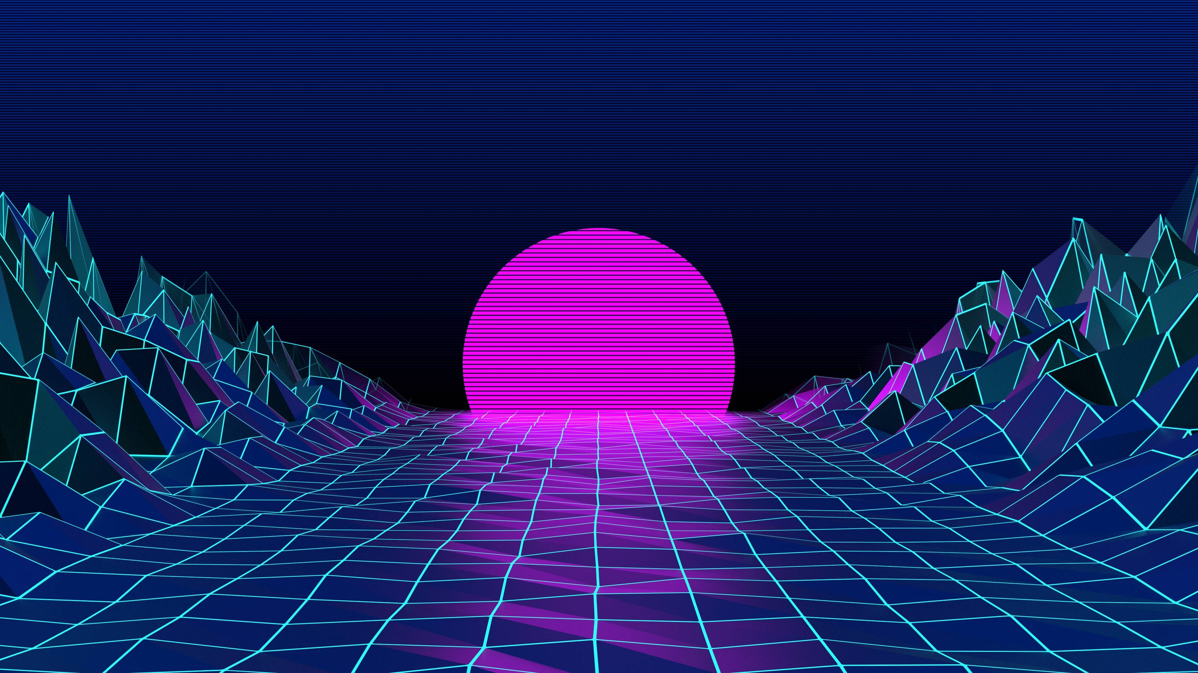 neon pink sun, glowing geometric mountains, grid terrain, 4K Desktop Wallpaper