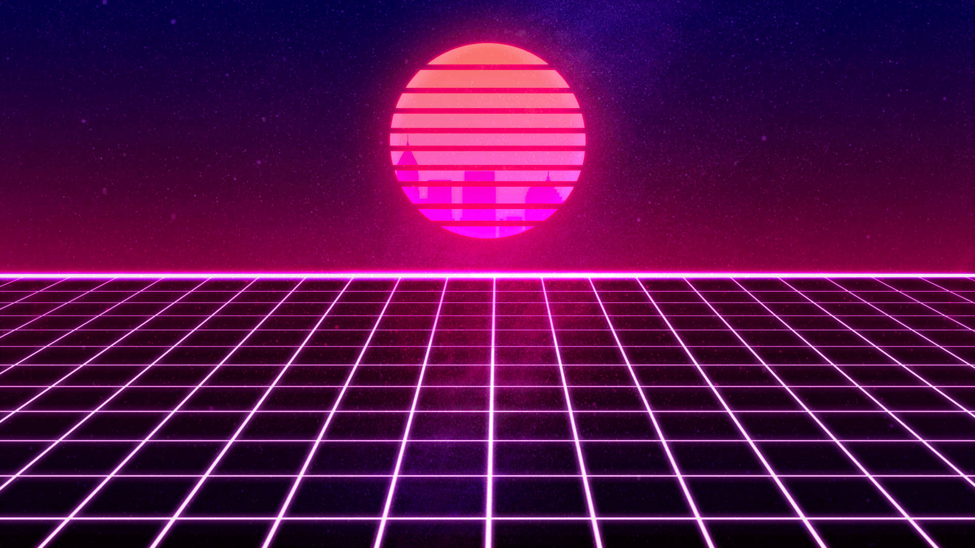 neon grid floor, glowing pink sun, horizontal stripes, Full HD Desktop Wallpaper