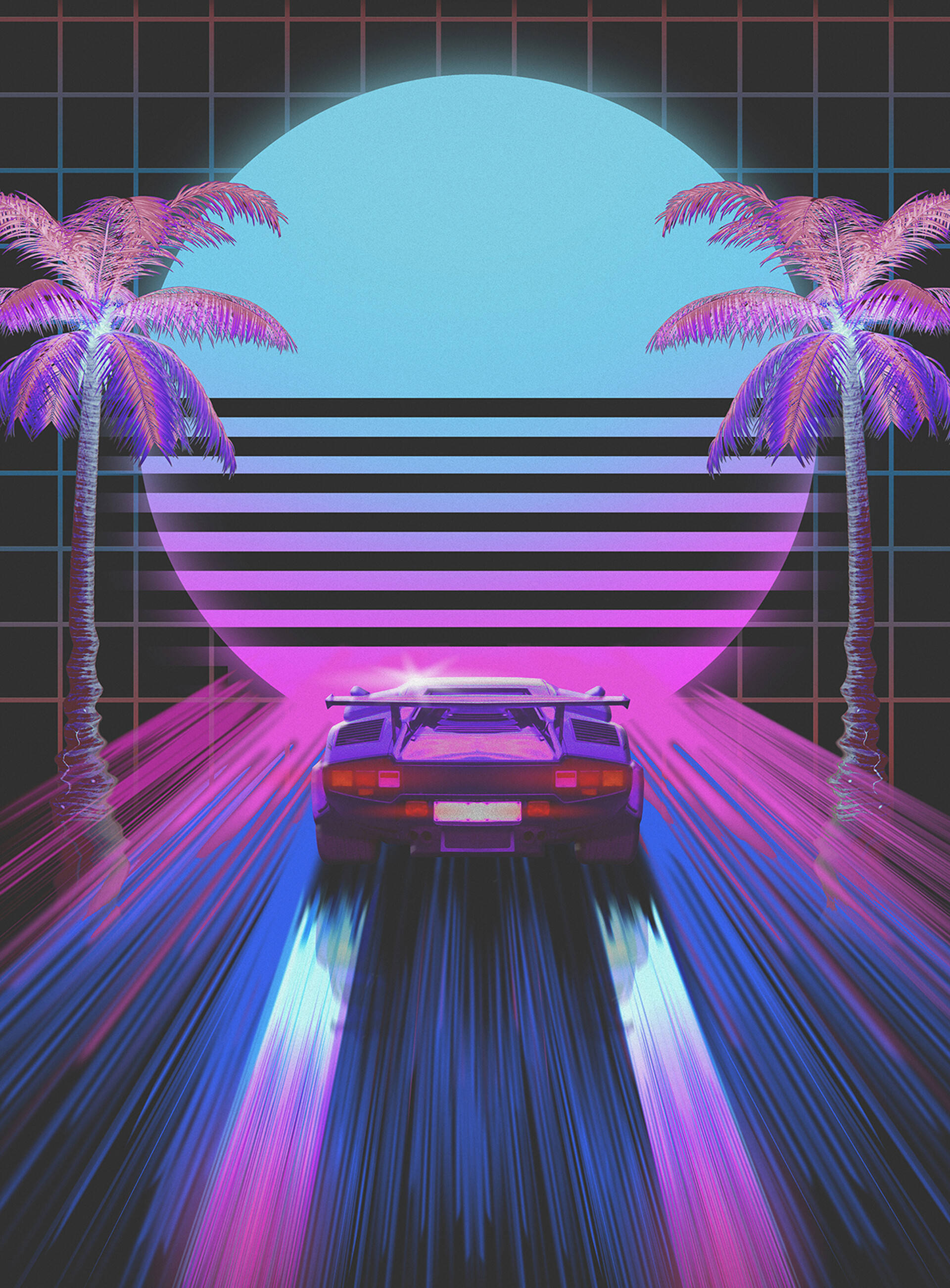 80s style car, neon-lit road, palm trees, 2K Phone Wallpaper