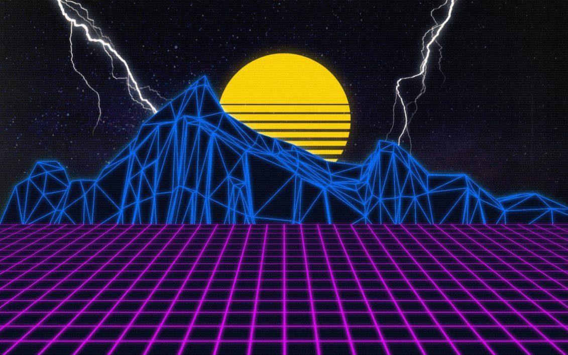 neon blue, glowing yellow sun, purple grid floor, SD Desktop Wallpaper