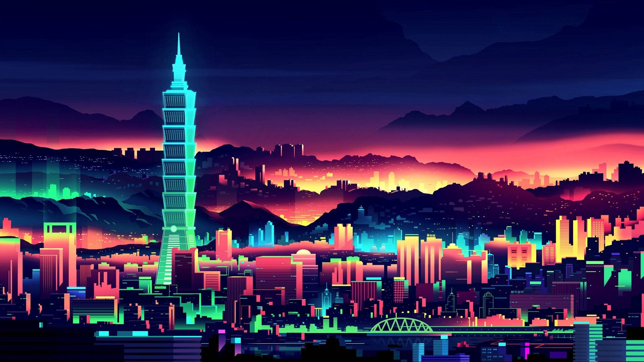 neon-drenched cyberpunk cityscape, dusk, glowing skyscraper, 2K Desktop Wallpaper
