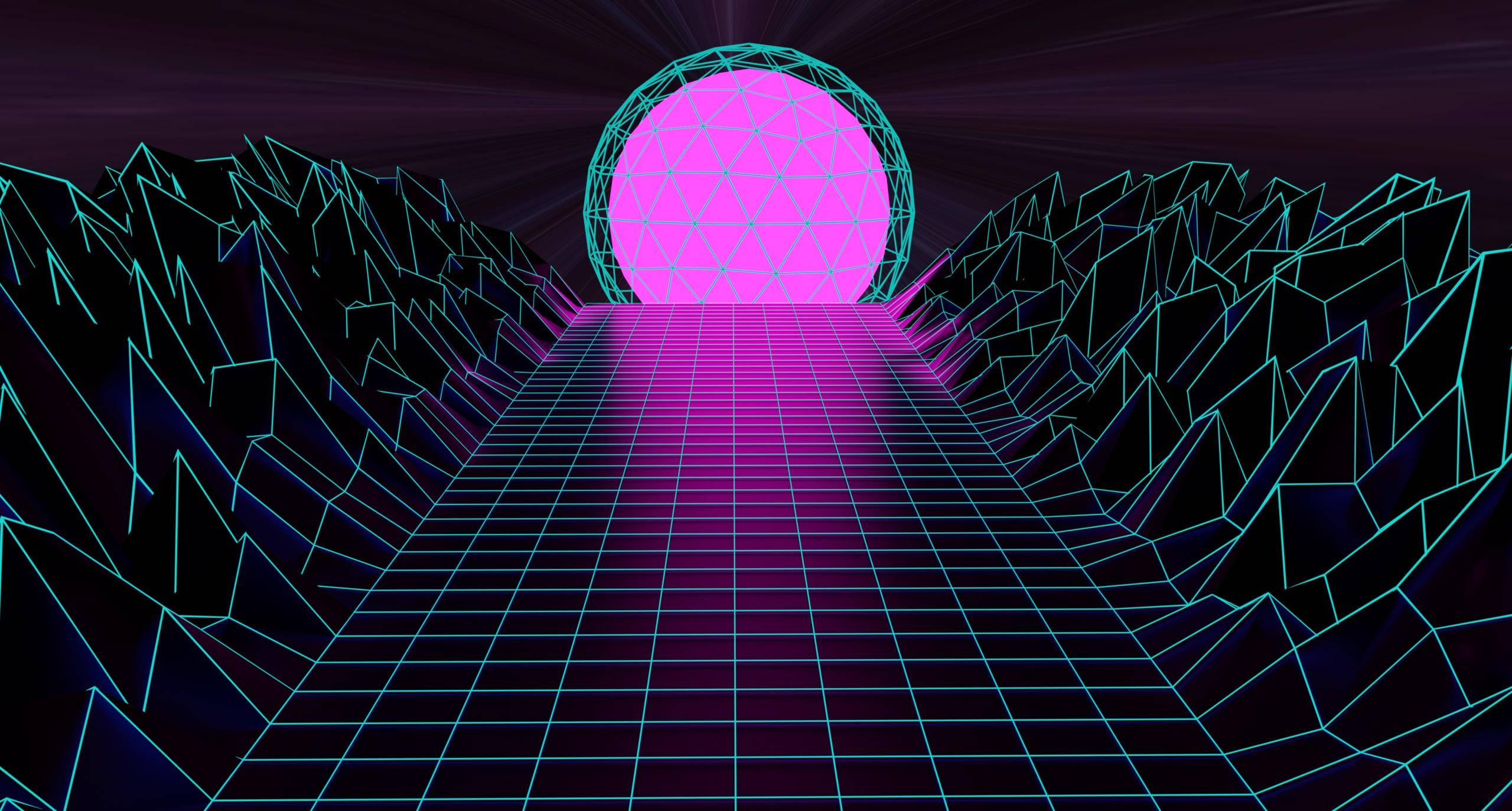 neon grid road, glowing pink sphere, jagged digital mountains, 2K Desktop Wallpaper