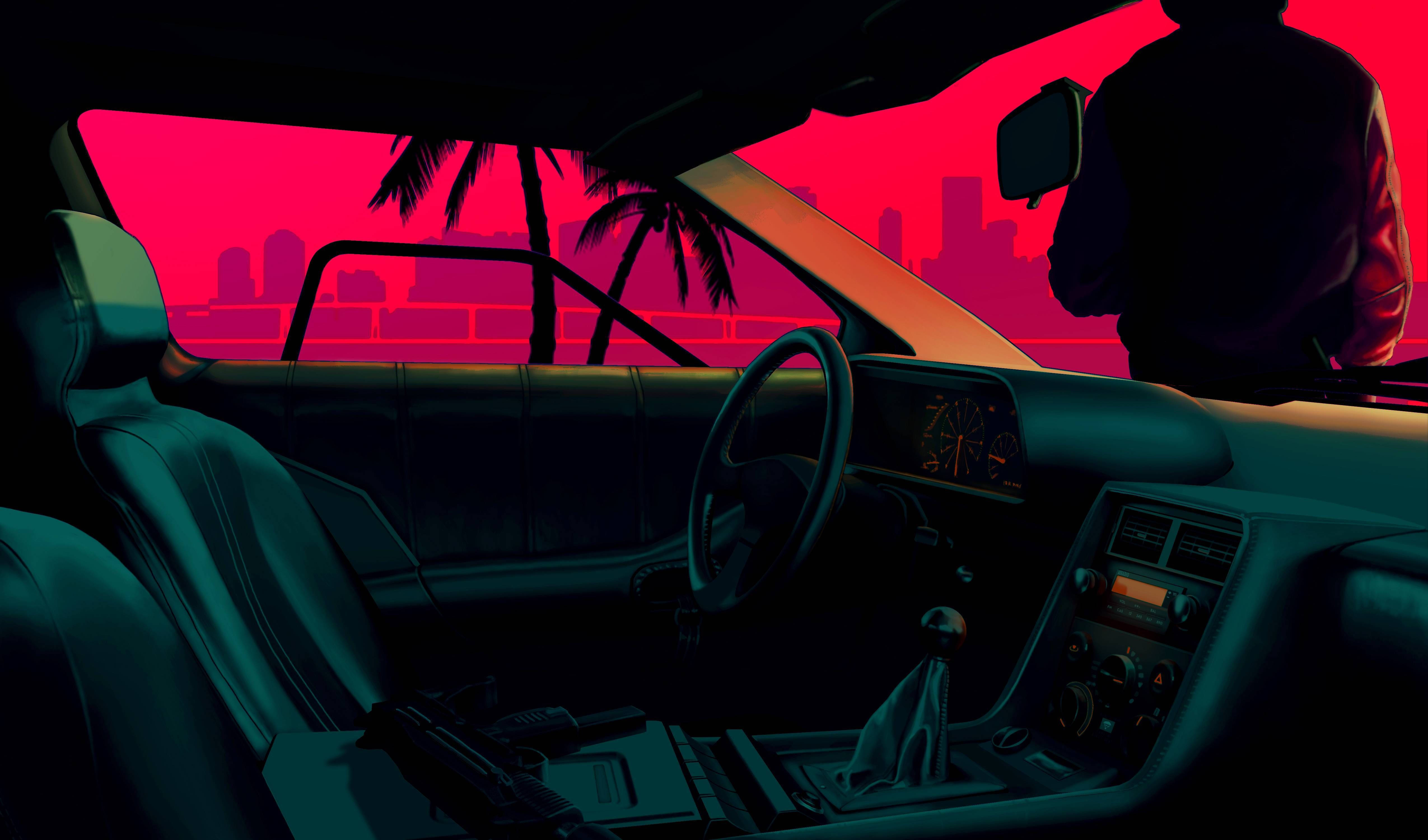 Retro 80s Car, neon-drenched car interior, dusk, 4K Desktop Wallpaper
