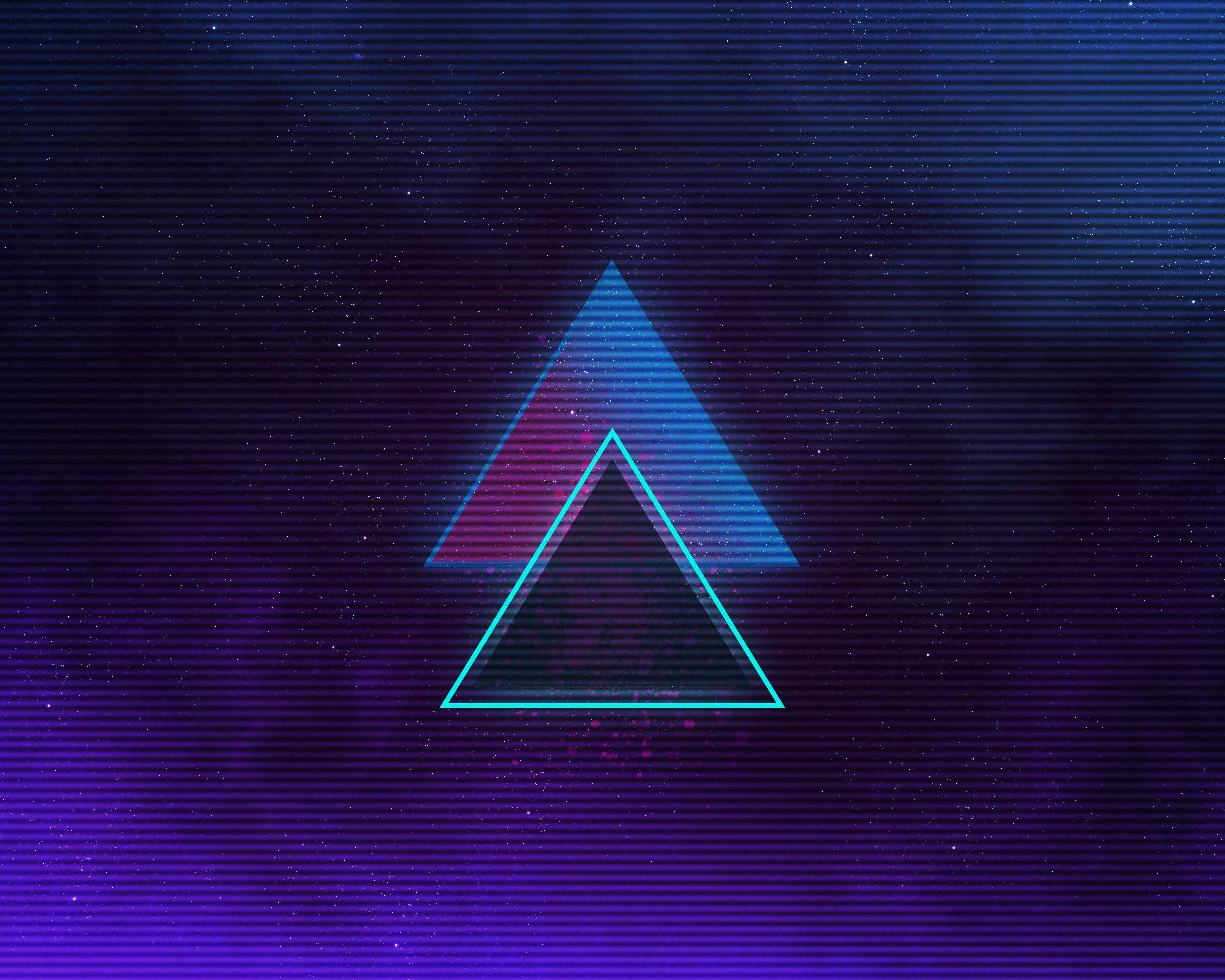 80s, neon triangles, dark purple digital glitch background, 2K Desktop Wallpaper