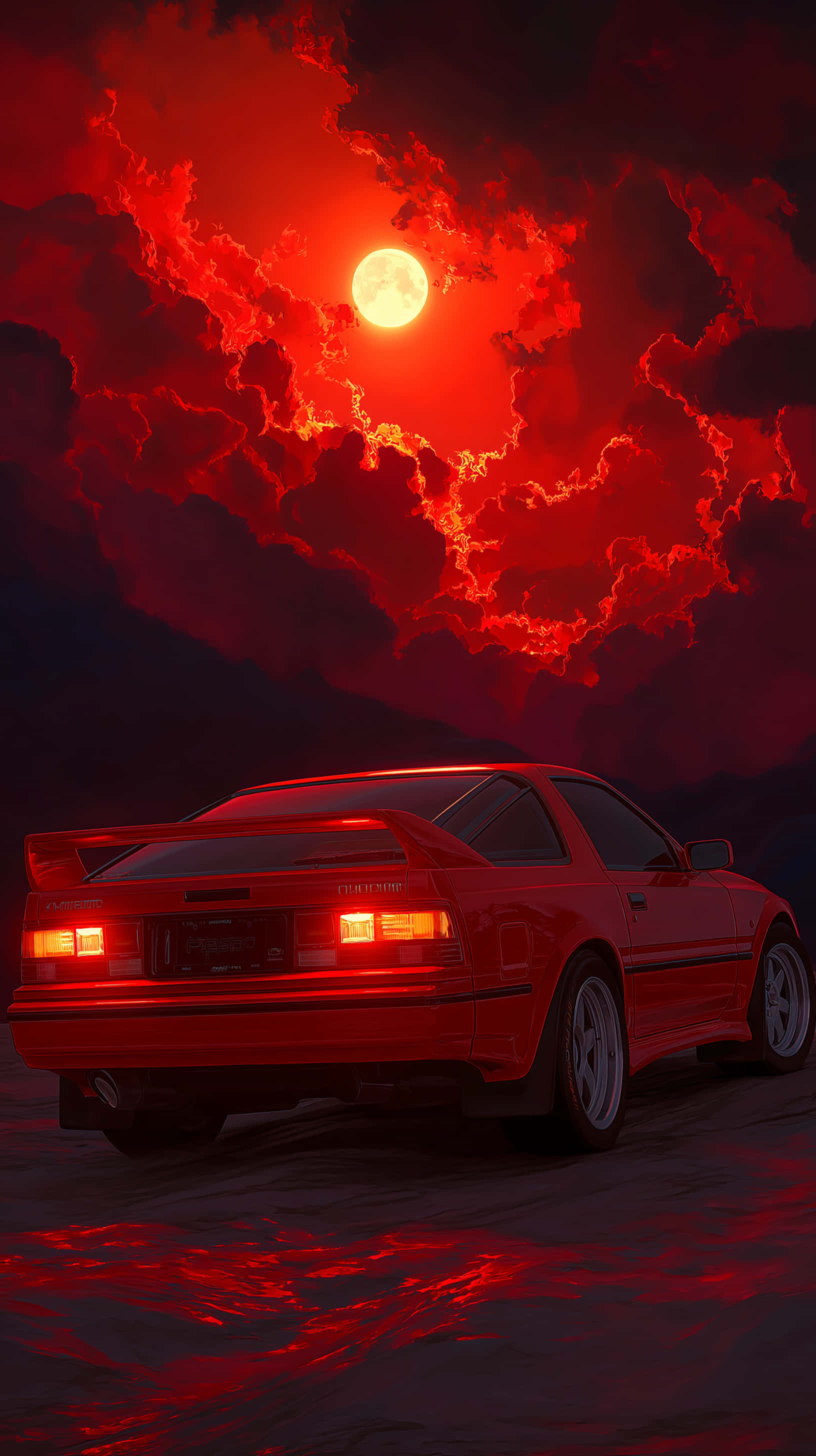 retrowave, sunset, red sports car, 2K Phone Wallpaper