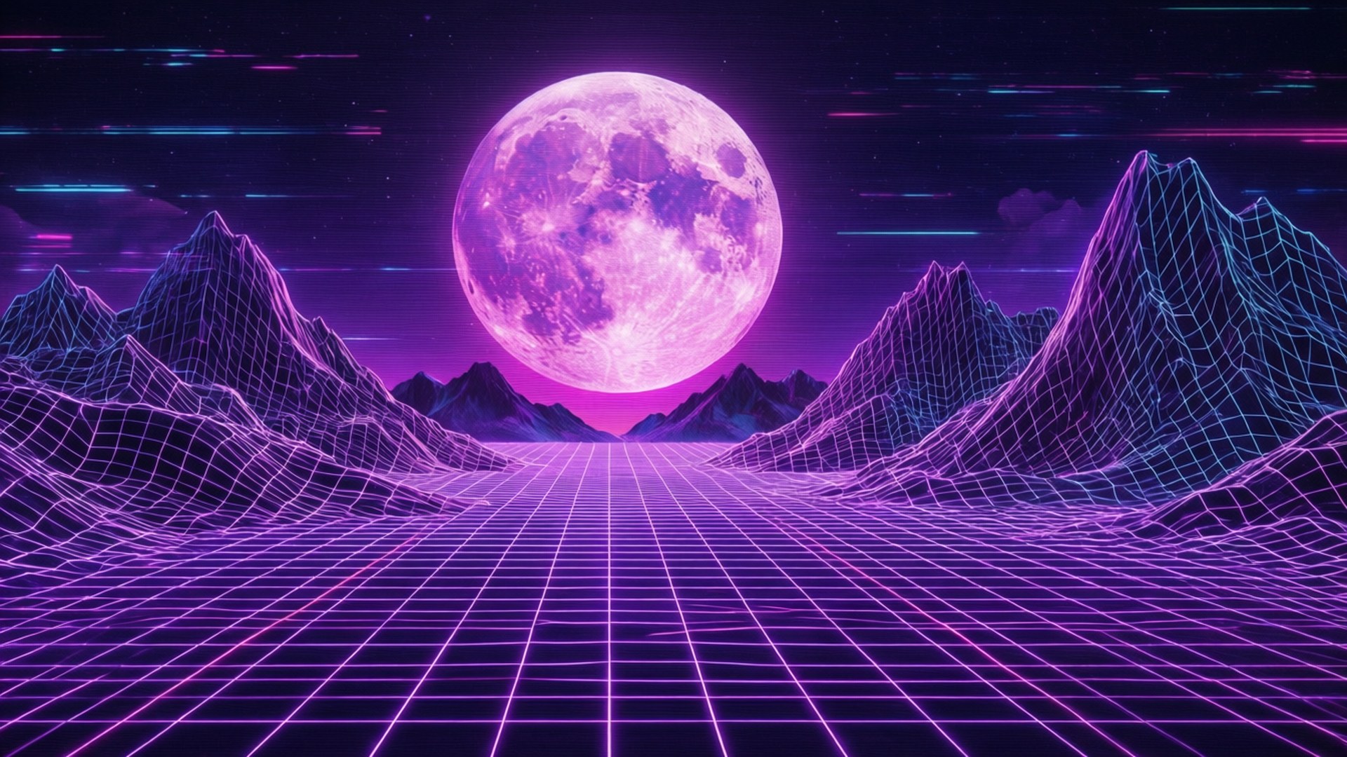 neon purple grid road, glowing full moon, wireframe mountains, Full HD Desktop Wallpaper