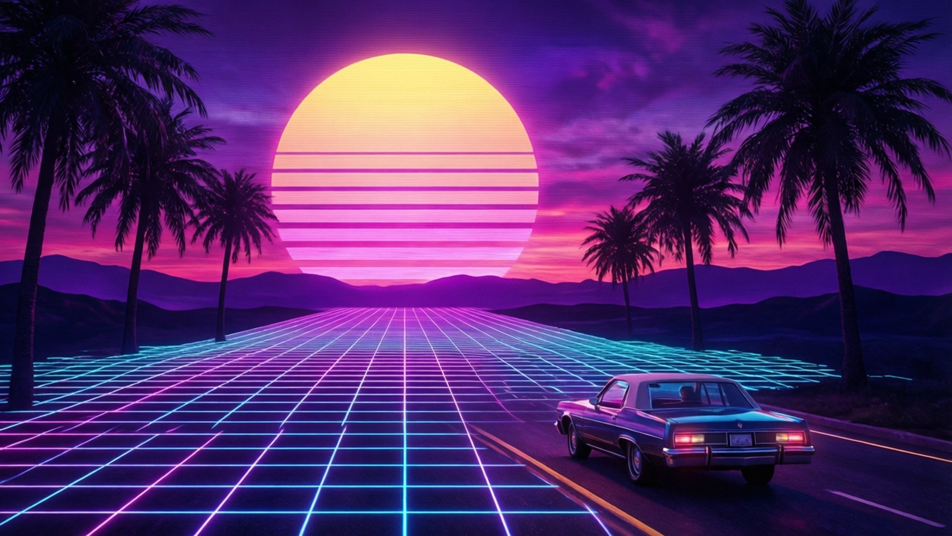 synthwave, sunset, neon grid road, Full HD Desktop Wallpaper