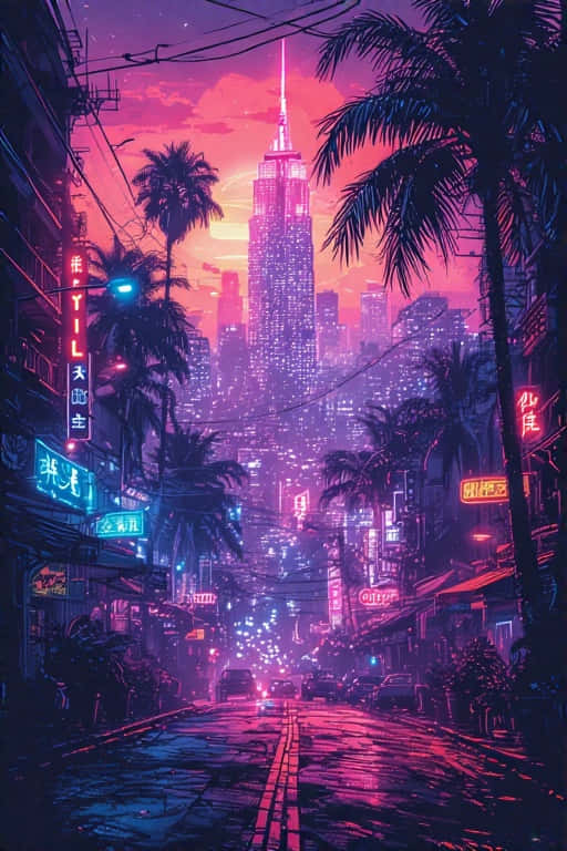 neon-drenched cyberpunk street, palm trees, towering skyscraper, SD Phone Wallpaper