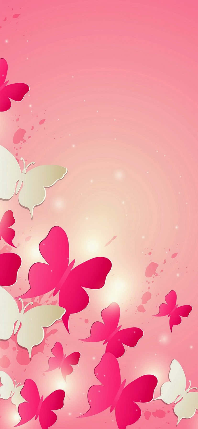pink and cream butterflies, soft gradient pink background, sparkling light effects, HD Phone Wallpaper