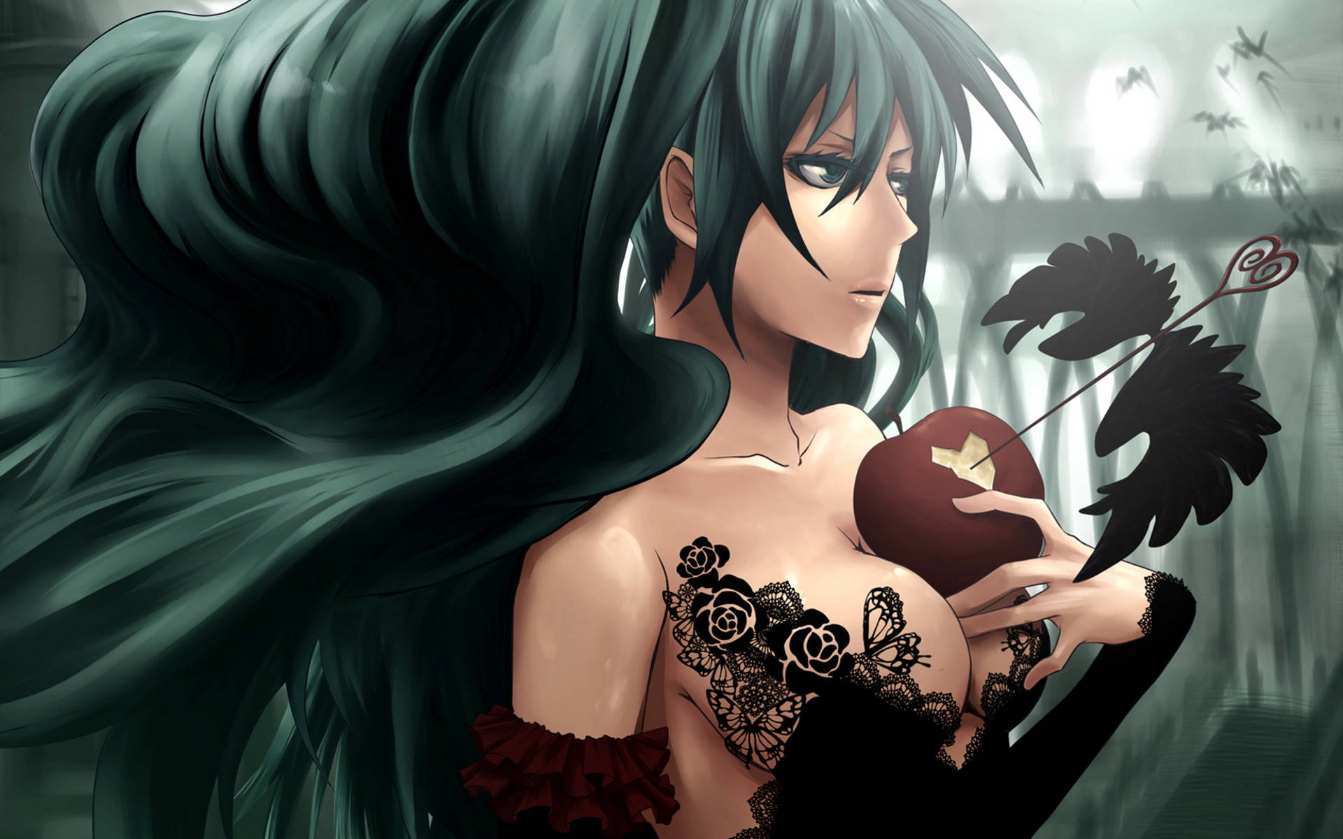 3D Sexy Anime Girl, dark-haired anime girl, lace tattoos, Full HD Desktop Wallpaper