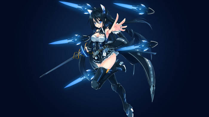 3D Anime Character, floating swords, glowing blue blades, SD Desktop Wallpaper