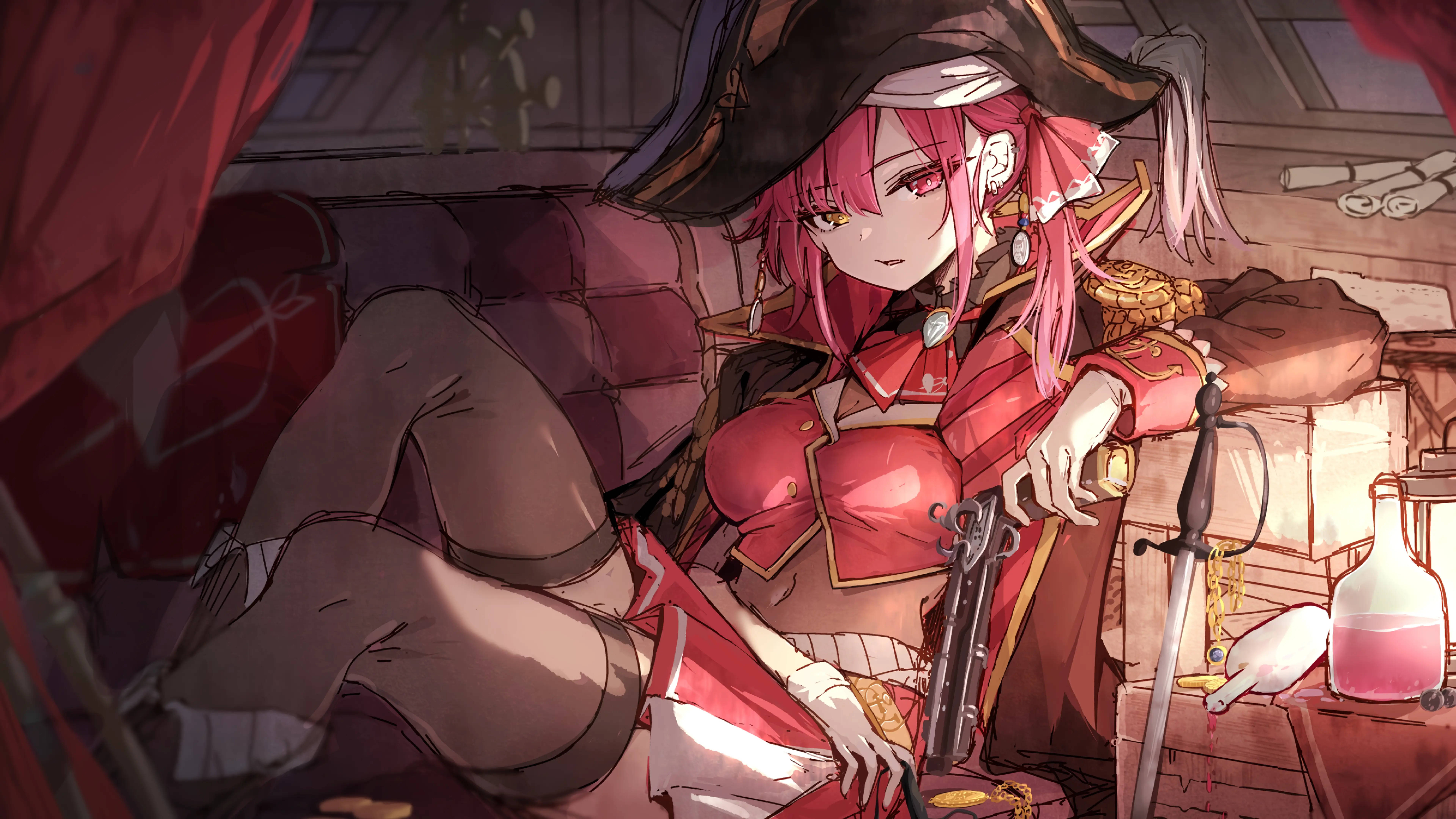 8K Anime, pirate marine, pink-haired anime pirate girl, 8K Desktop Wallpaper