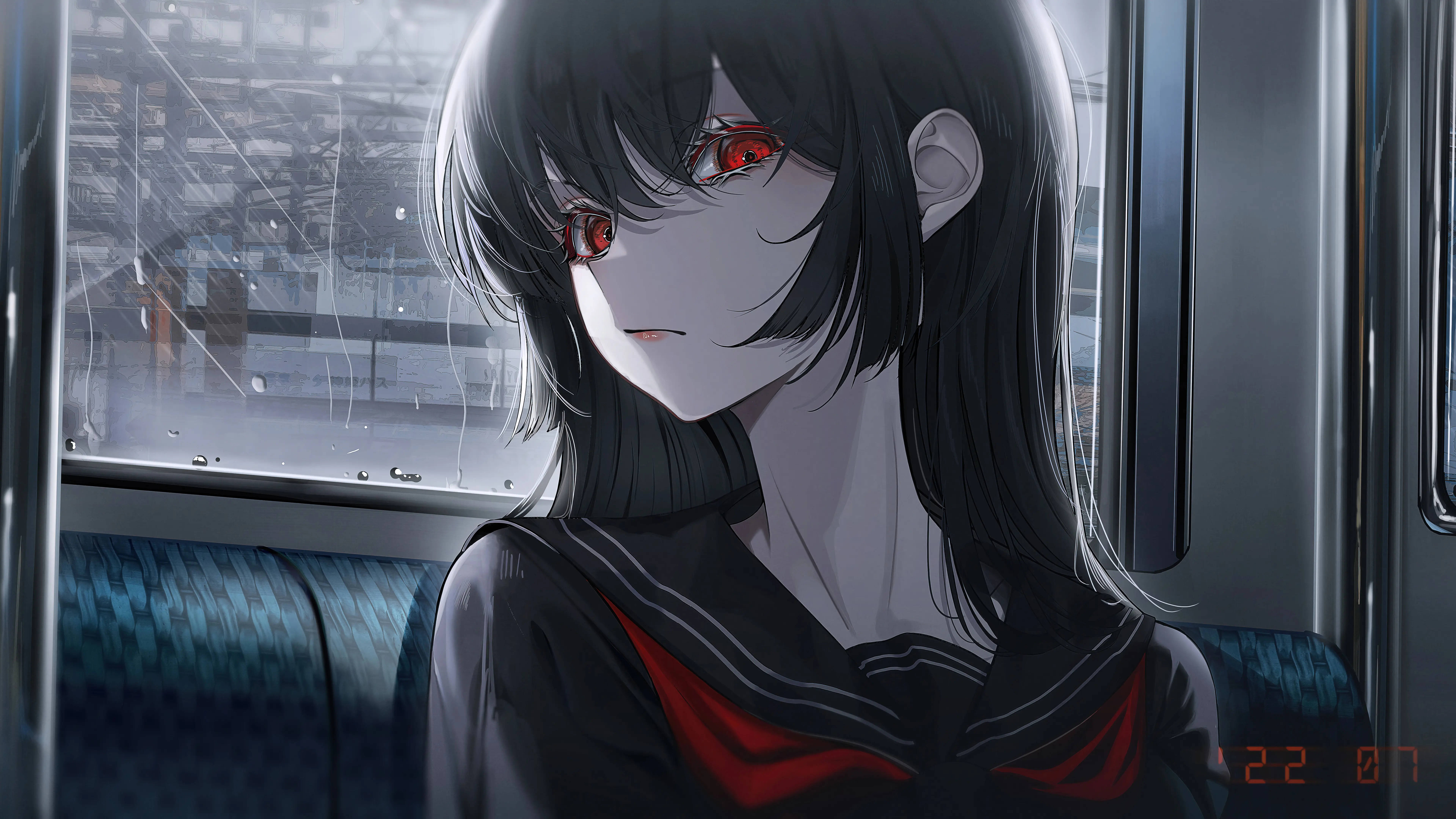 8K Anime, red-eyed girl, melancholic anime girl, 8K Desktop Wallpaper