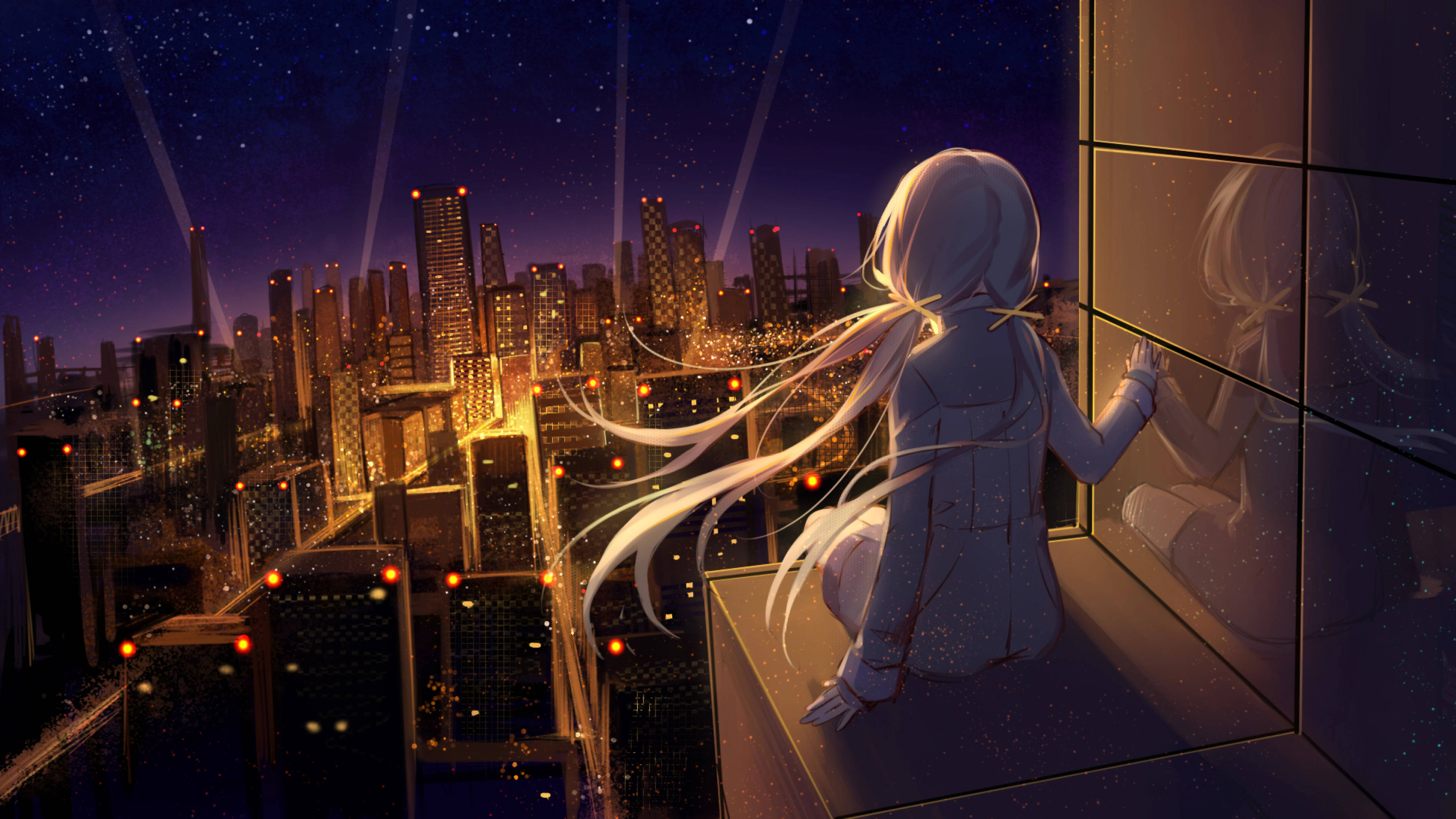 8K Anime, anime girl, long white hair, 8K Desktop Wallpaper