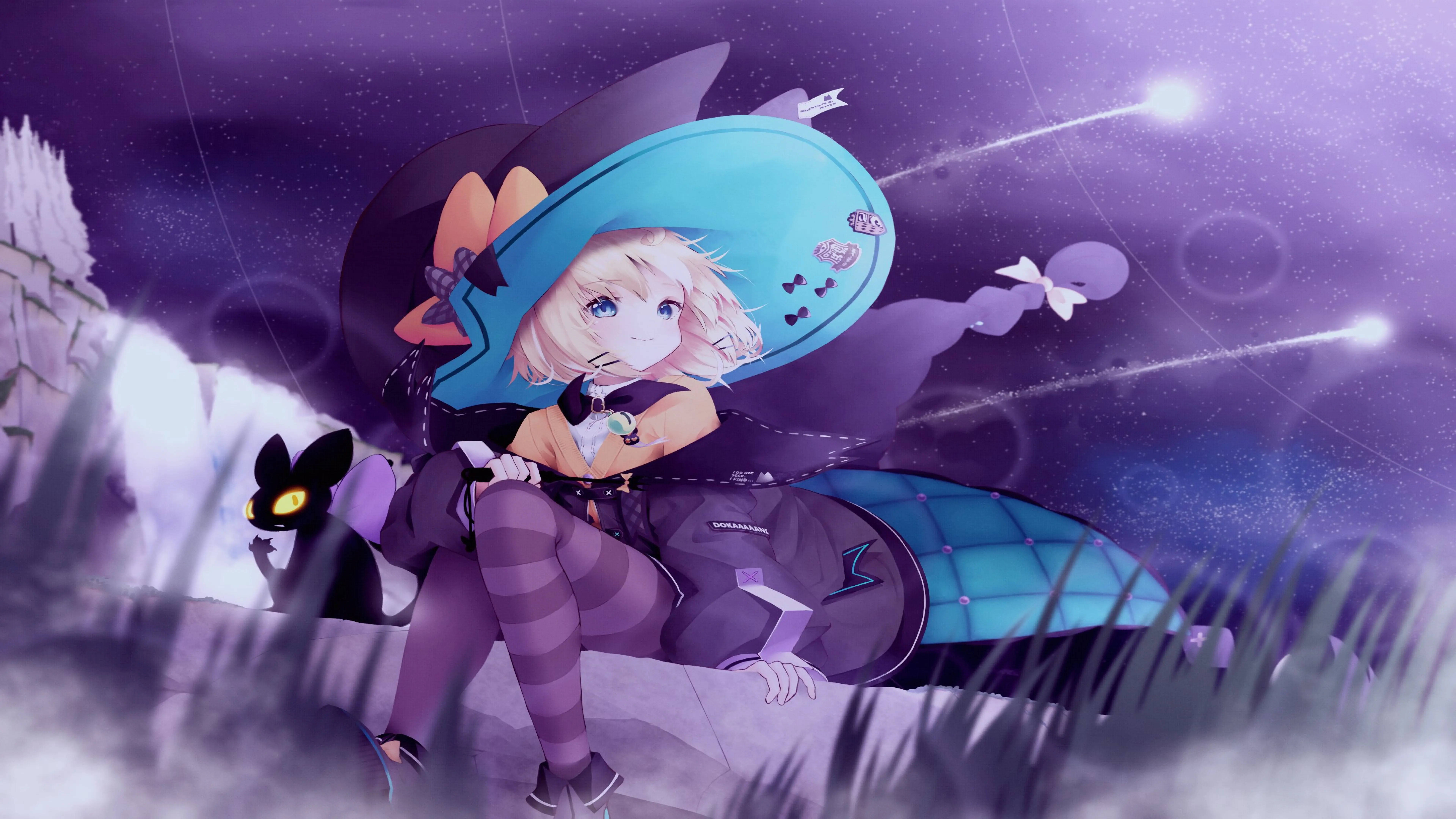 anime witch, blue hat, striped stockings, 8K Desktop Wallpaper