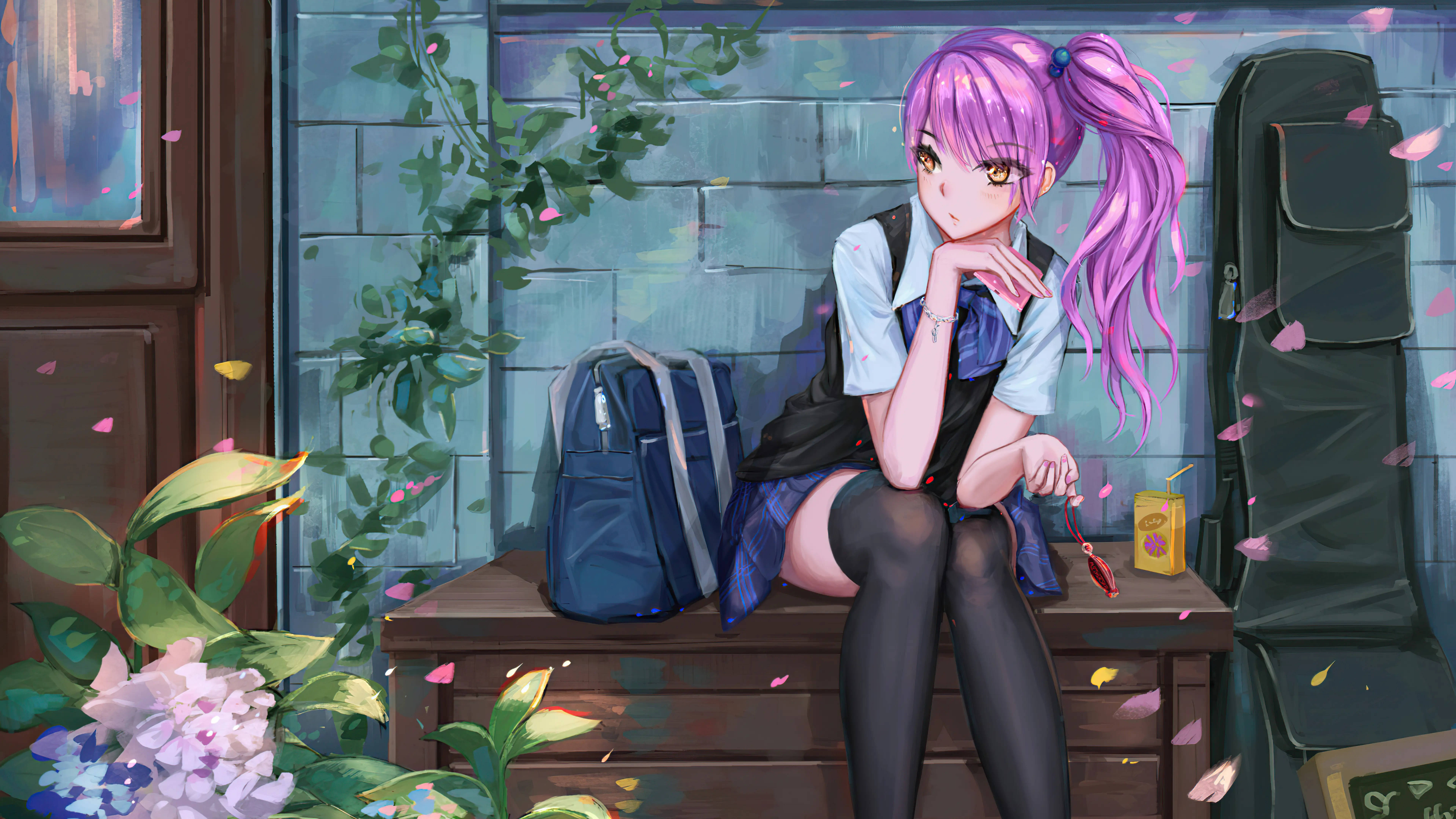 purple-haired anime girl, school uniform, wooden bench, 8K Desktop Wallpaper