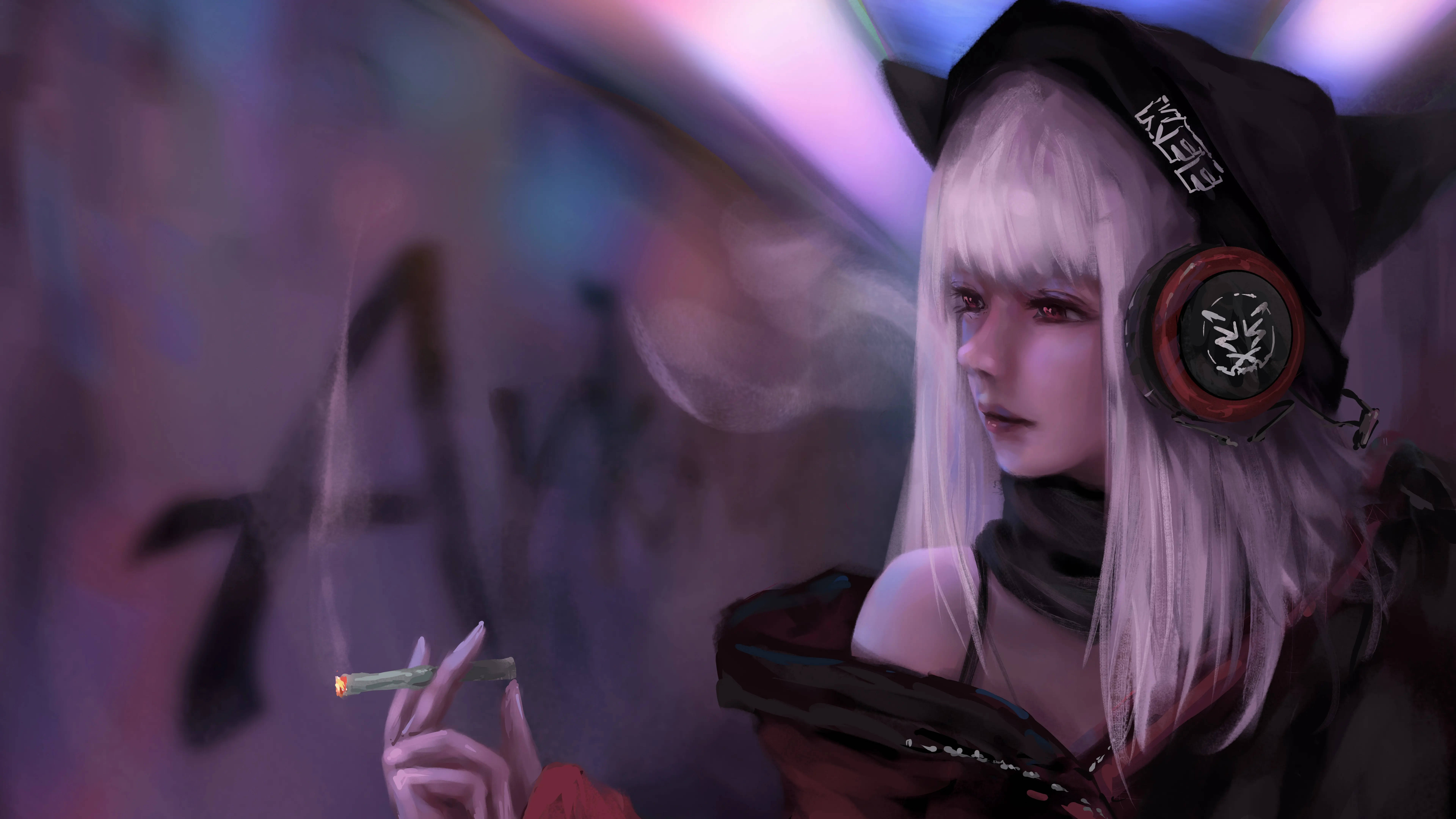 8K Anime Smoking Punk Girl, cat ears, headphones, 8K Desktop Wallpaper