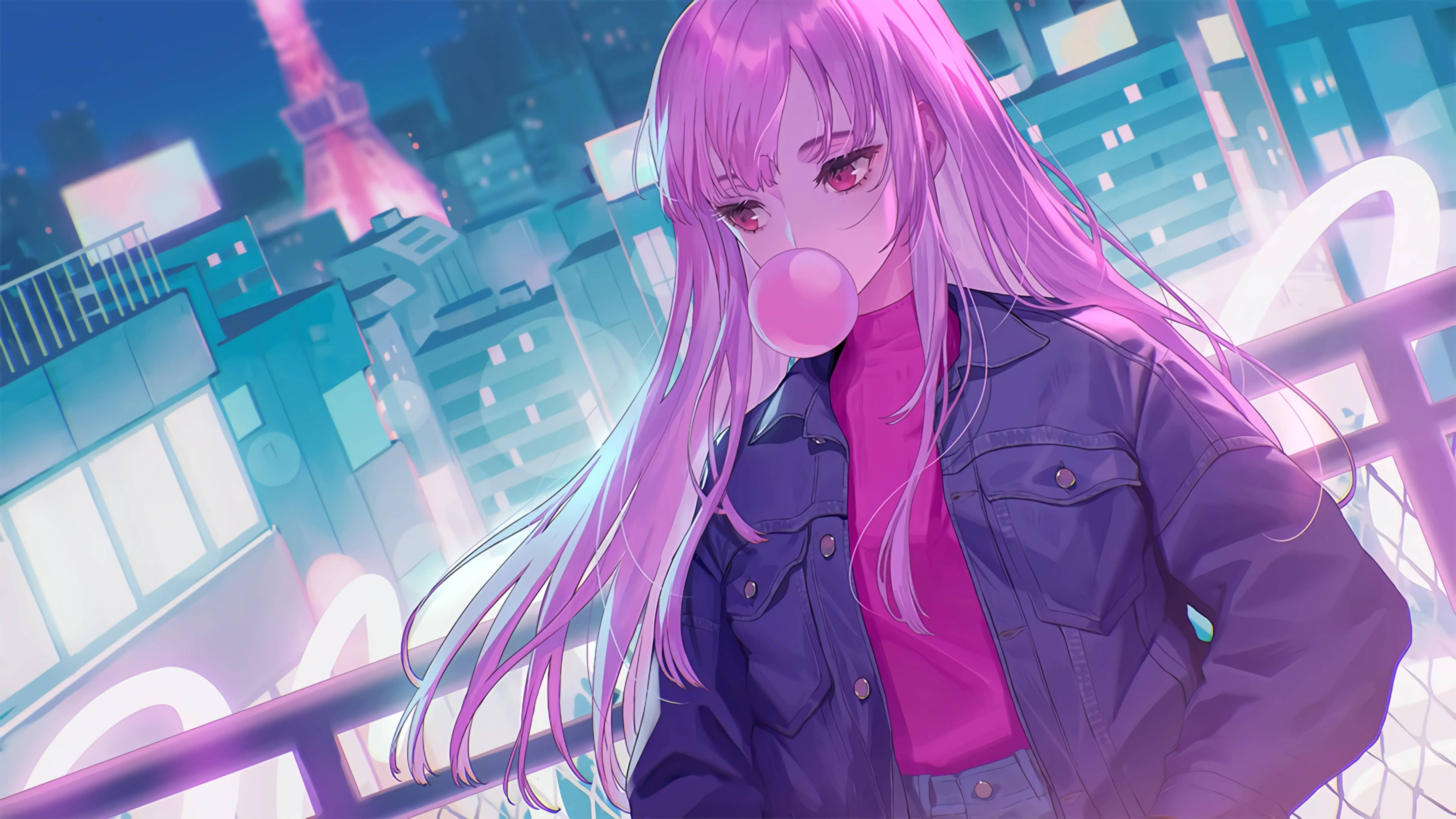 8K, anime rapper Calli, pink-haired anime girl, 8K Desktop Wallpaper
