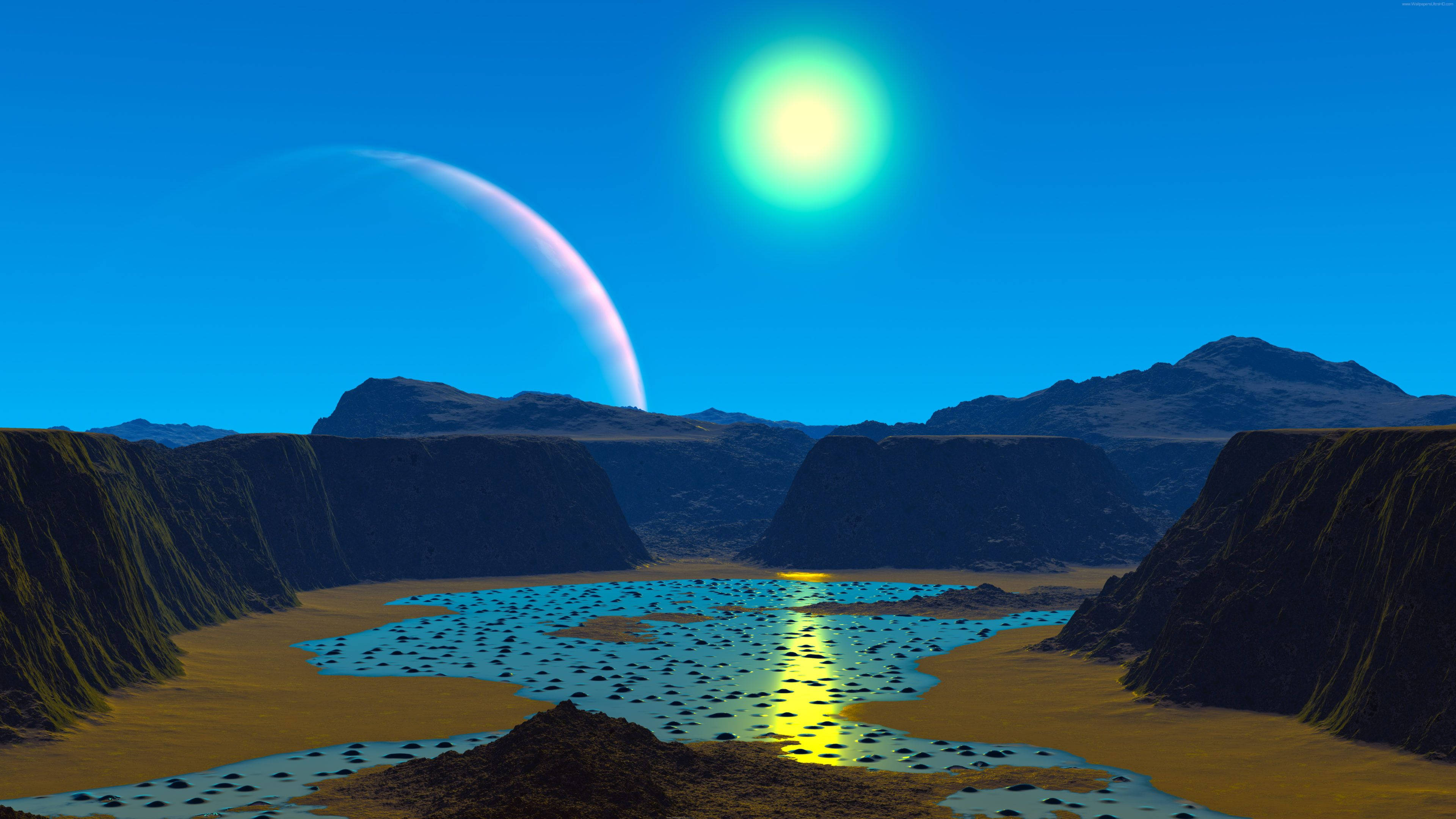 glowing green sun, rainbow moon, reflective blue lake, 4K Desktop Wallpaper