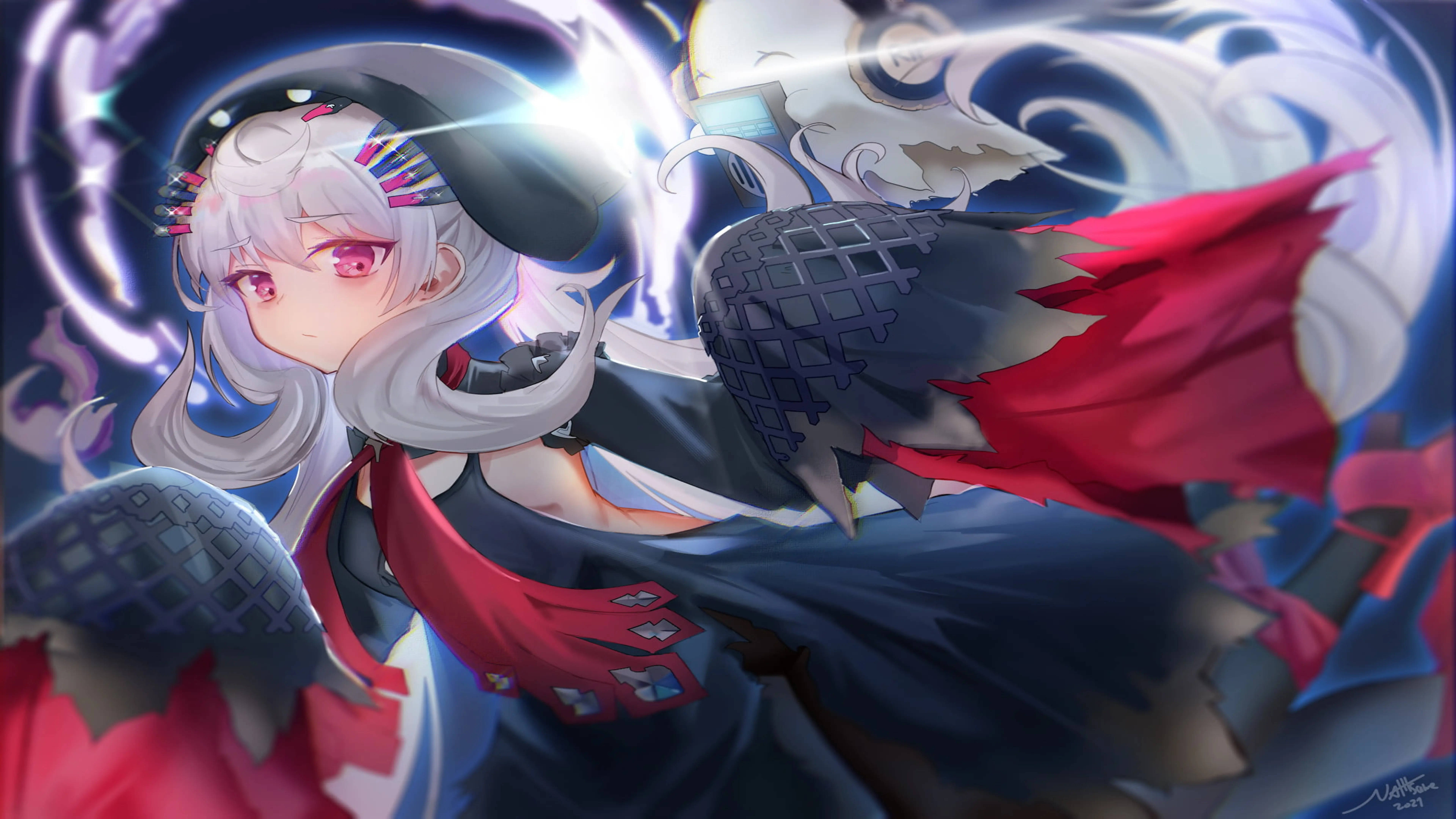 8K Anime Ghost Artwork, silver-haired anime girl, pink eyes, 8K Desktop Wallpaper