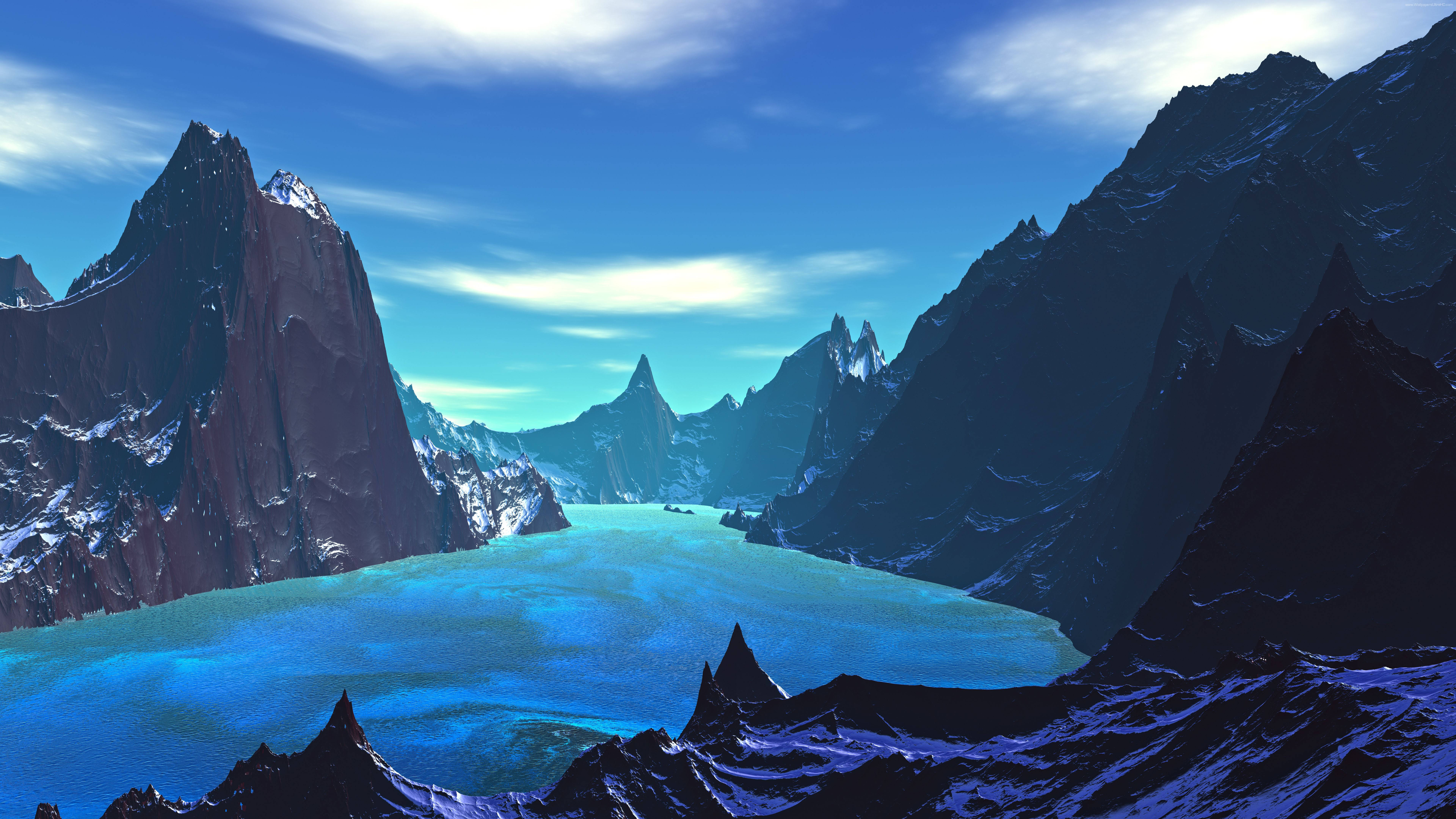 jagged mountains, snow-capped mountains, turquoise glacial lake, 8K Desktop Wallpaper