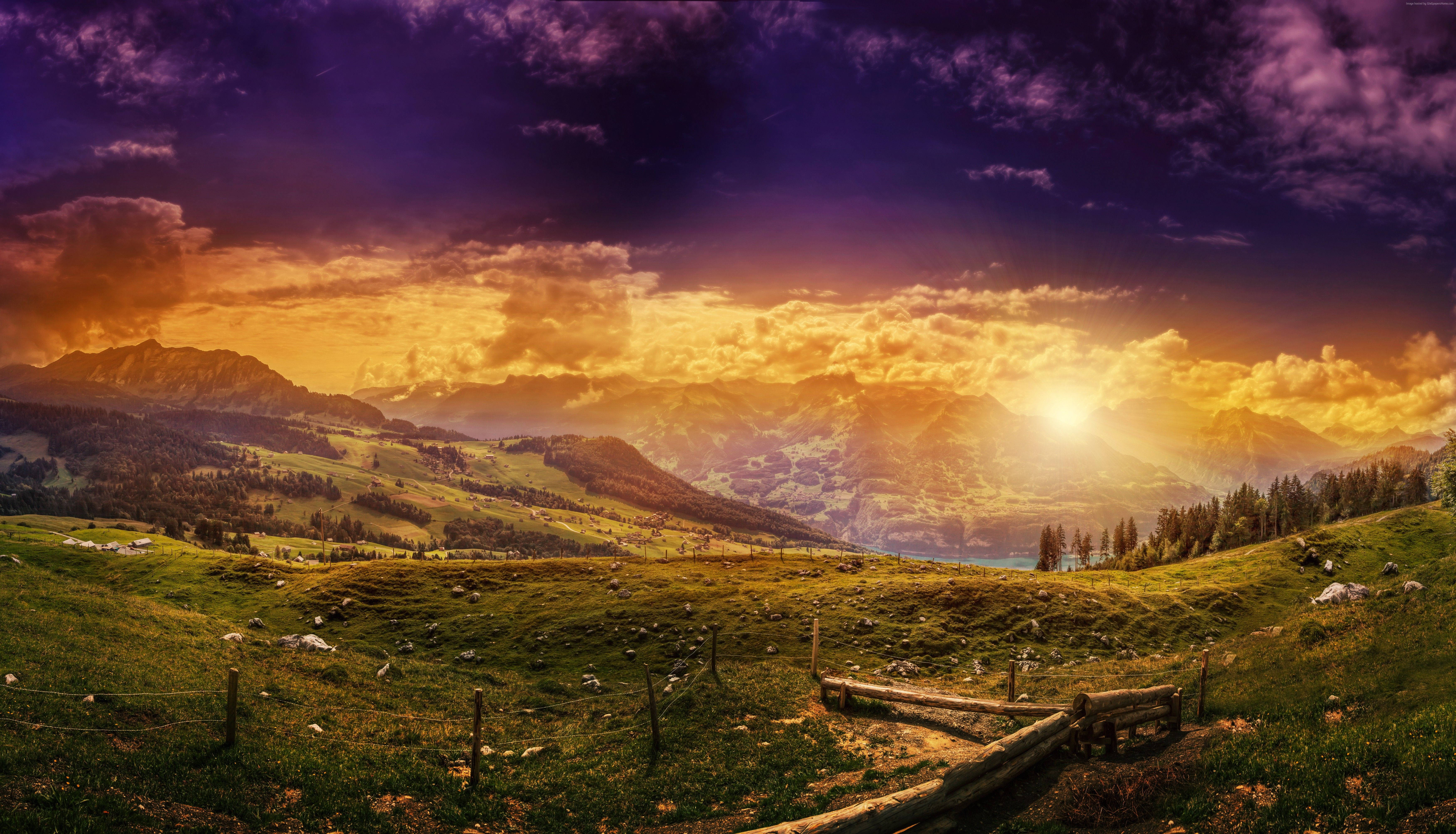 8K Desktop, sunset, rolling green hills, 5K Desktop Wallpaper
