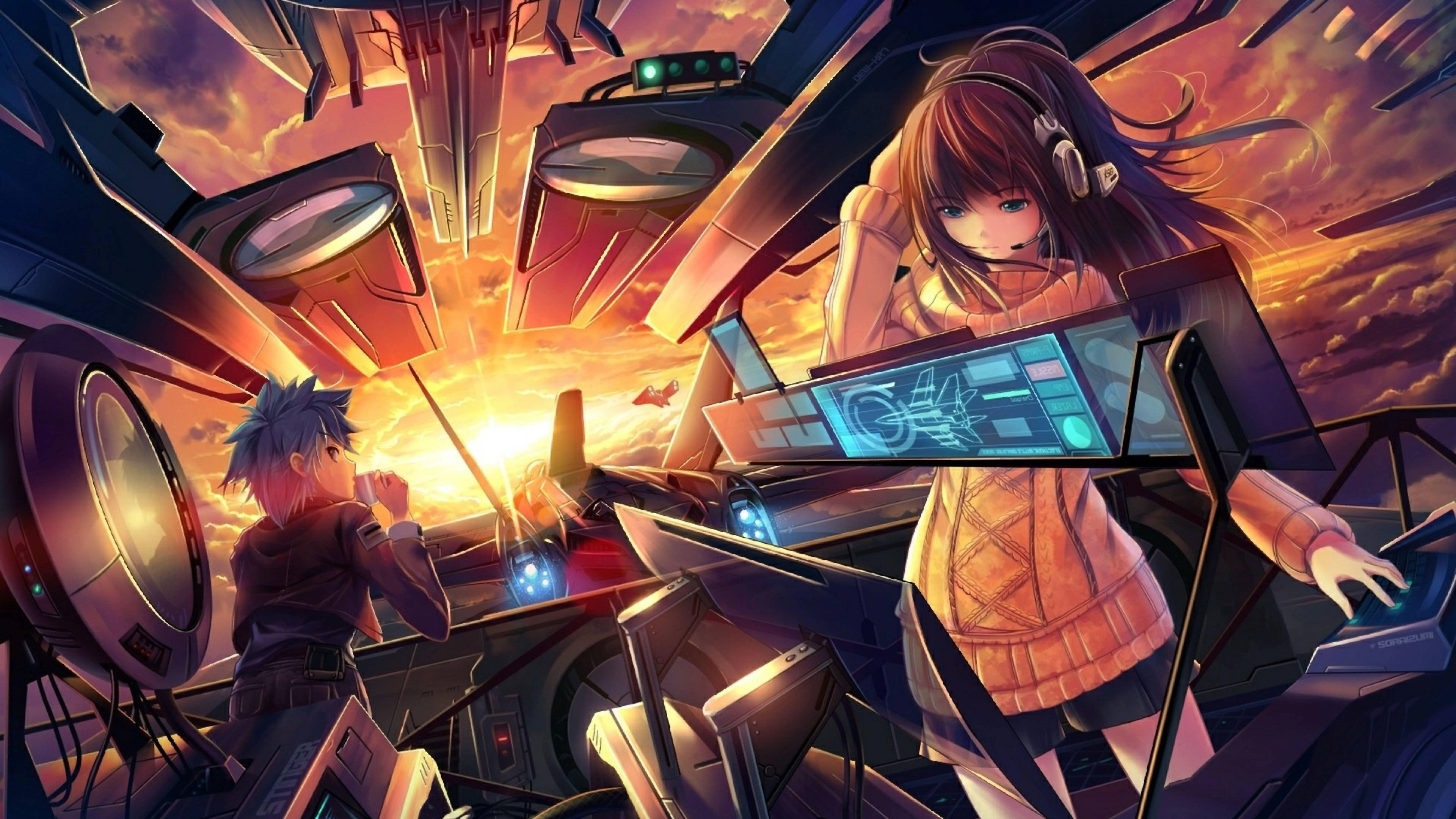 8K Anime Futuristic Airship, futuristic cockpit, glowing controls, 8K Desktop Wallpaper