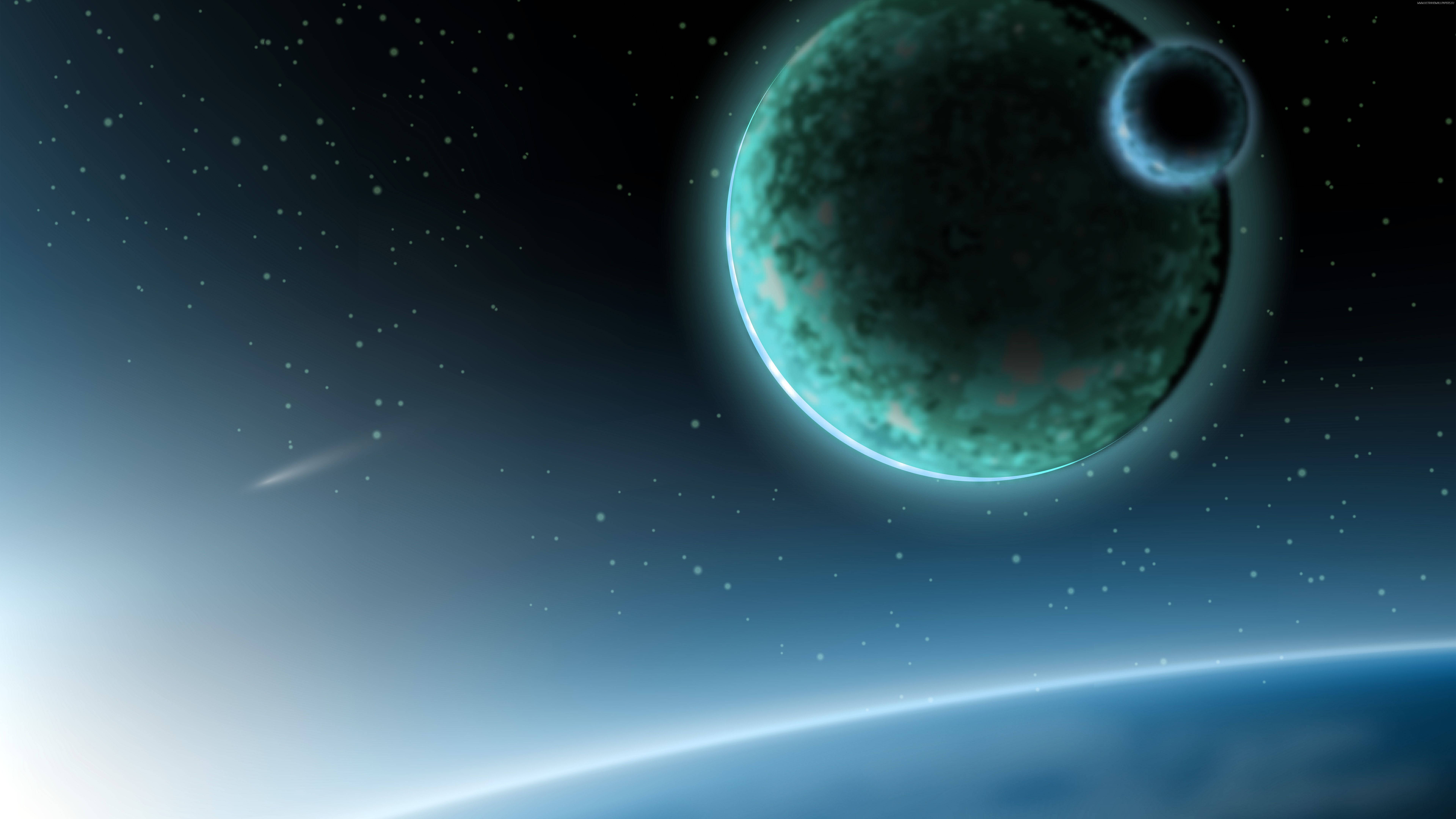 8K Desktop, teal planet, dark moon, 8K Desktop Wallpaper