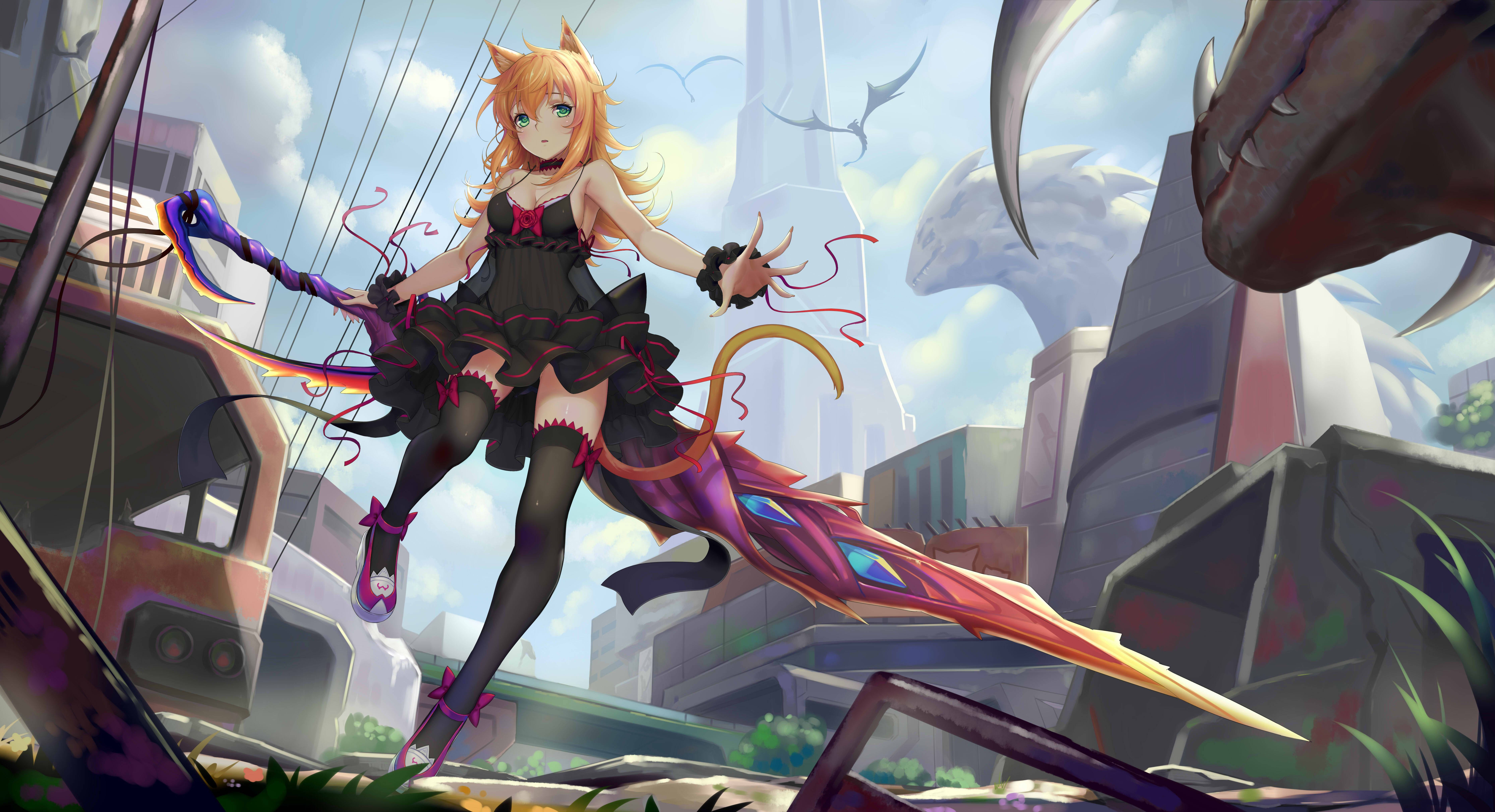 cat-eared anime girl, black dress, glowing sword, 5K Desktop Wallpaper
