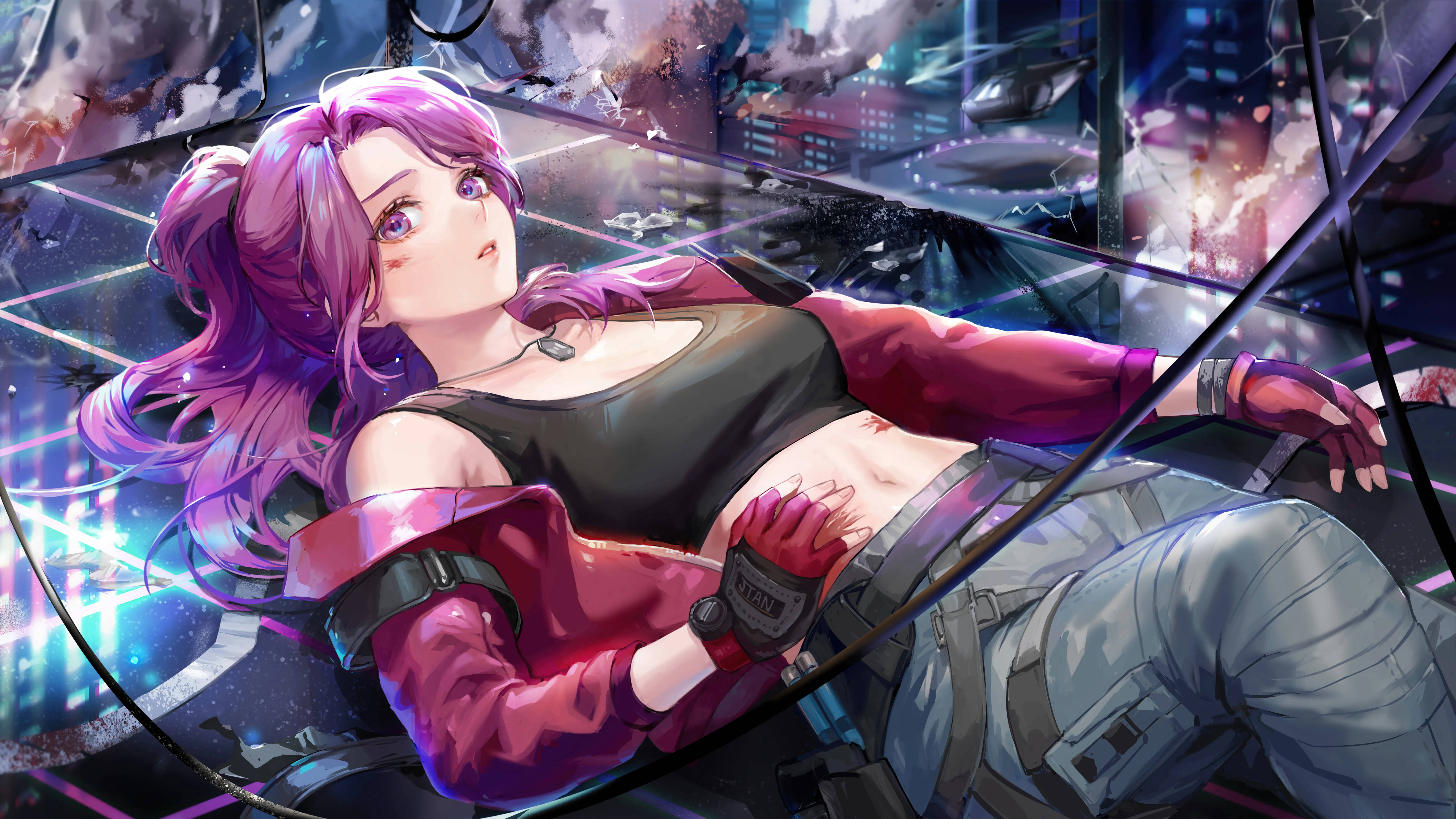 8K Anime Punk Girl, purple-haired, combat gear, 8K Desktop Wallpaper