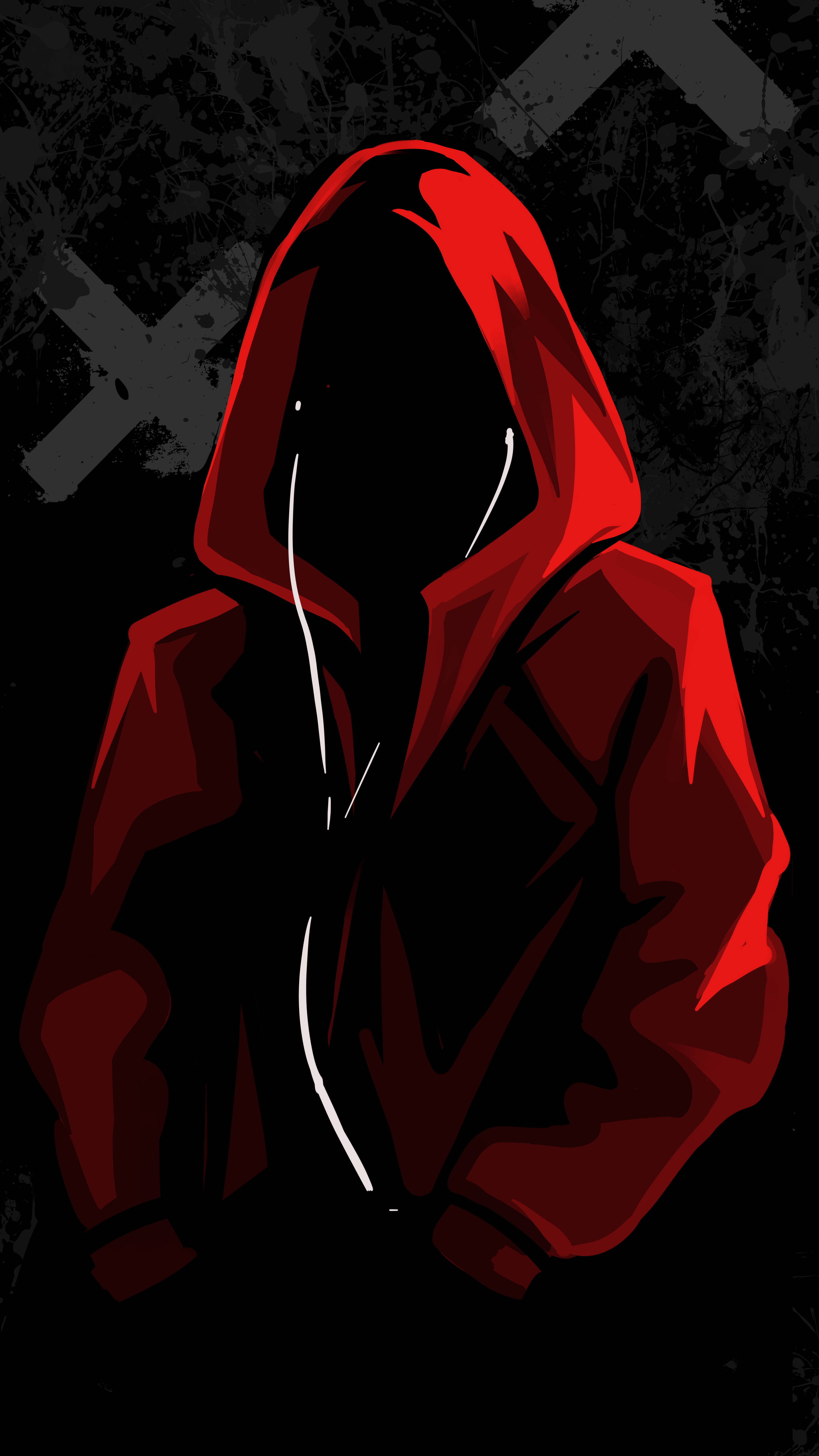 red hoodie, black face, dark gritty background, 5K Phone Wallpaper