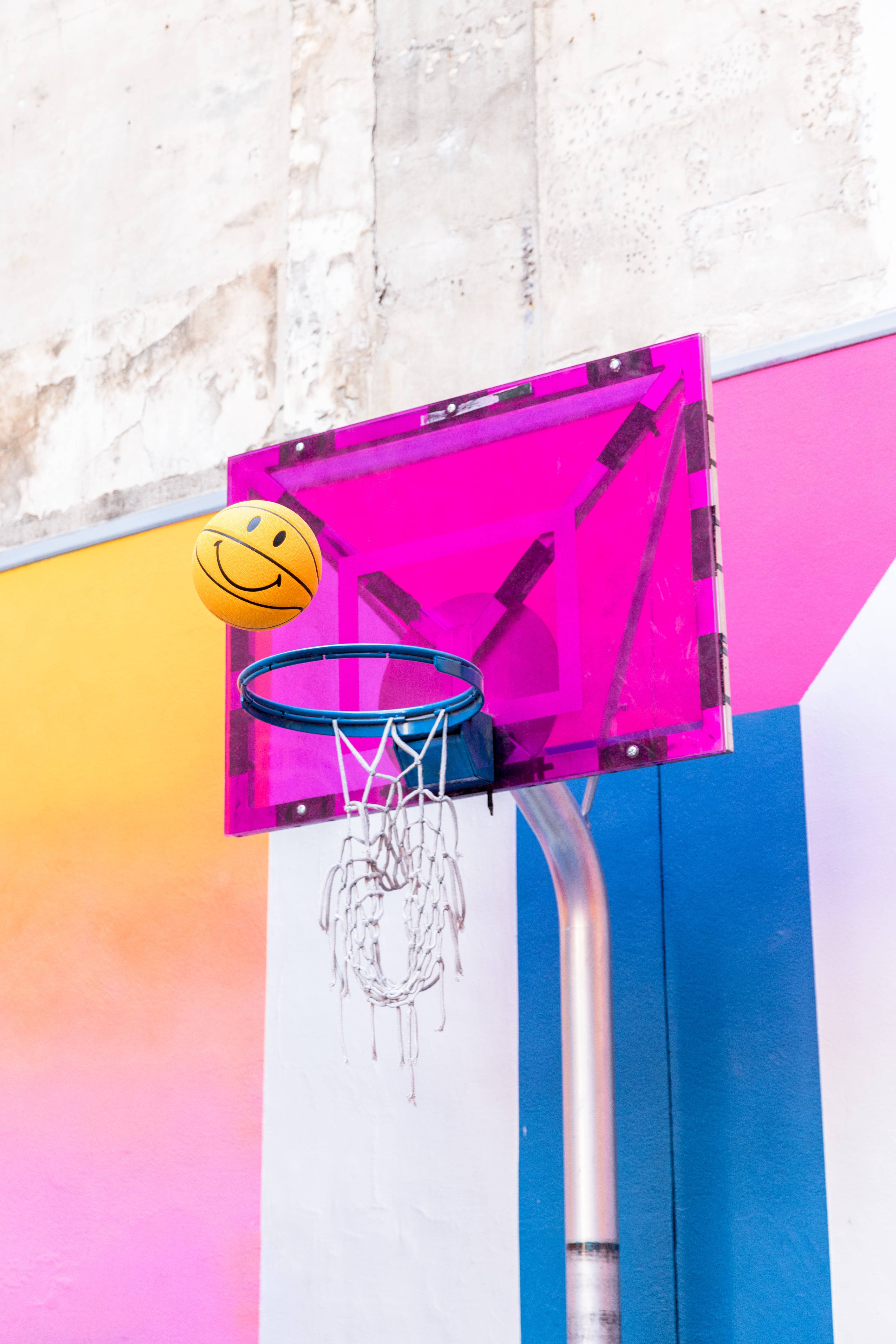 retro basketball ring, 8K Phone, yellow smiley face basketball, 5K Phone Wallpaper