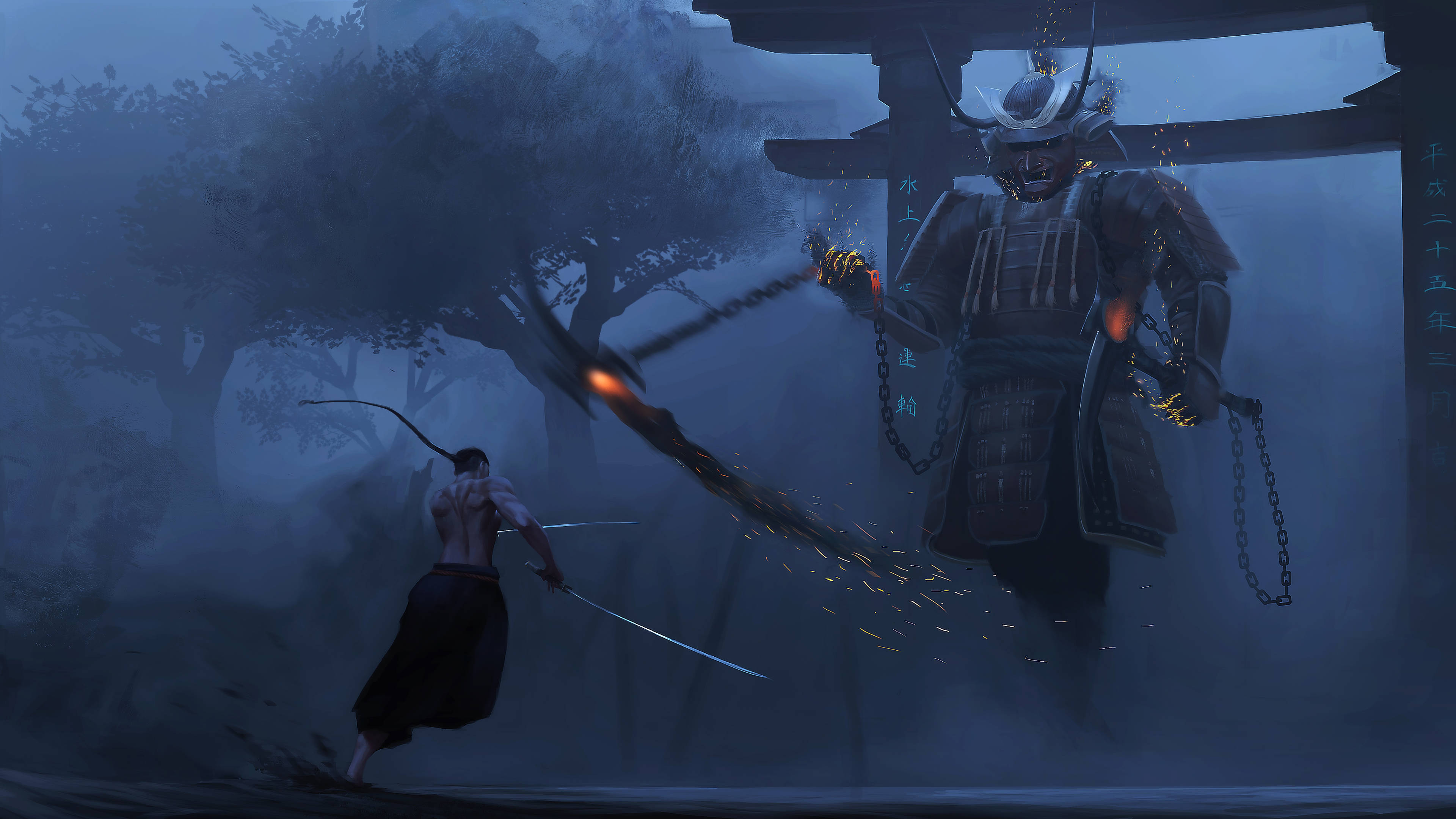 8K Samurai, towering armored ghost samurai, misty torii gate, 4K Desktop Wallpaper