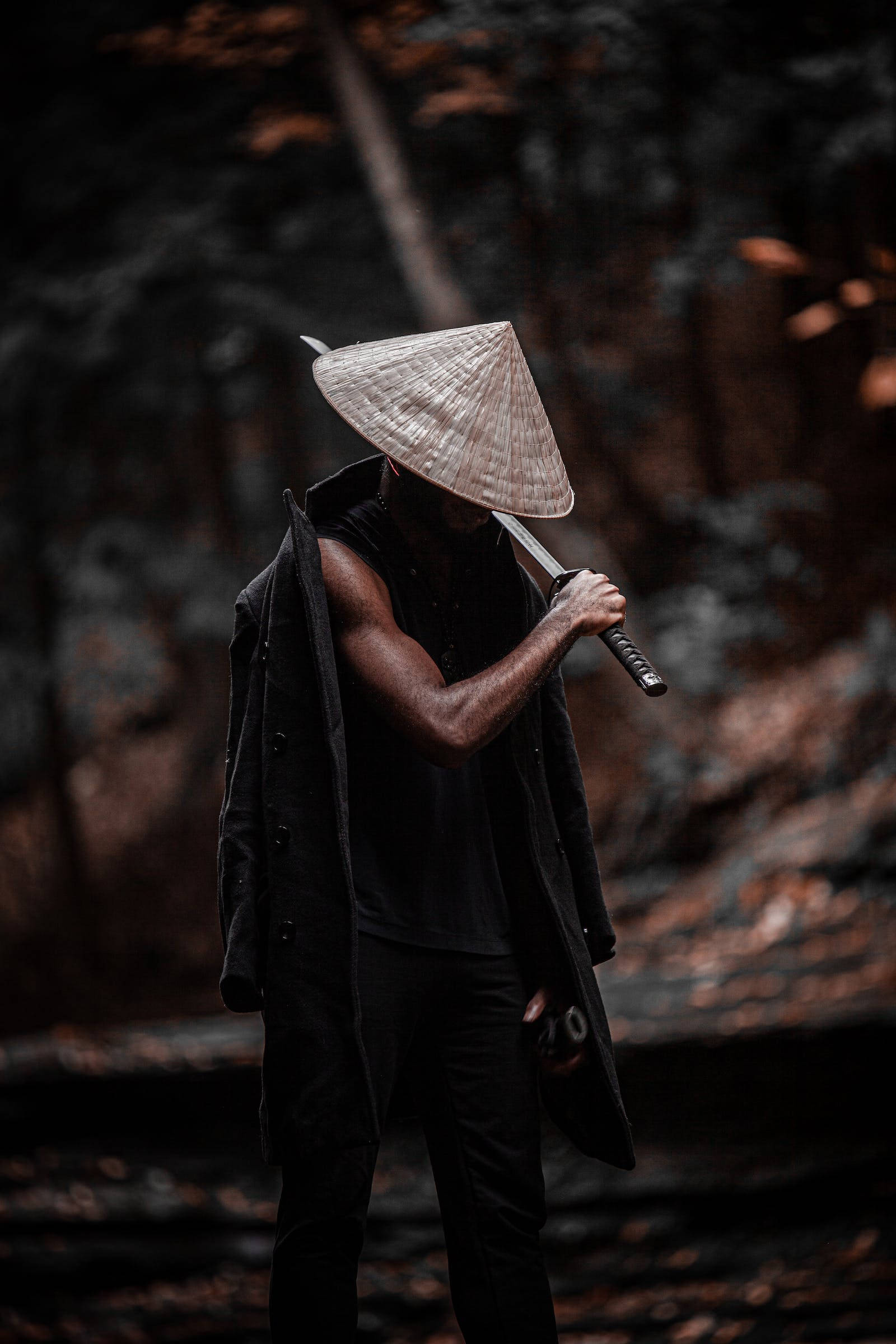 8K Samurai, conical hat, black coat, Full HD Phone Wallpaper