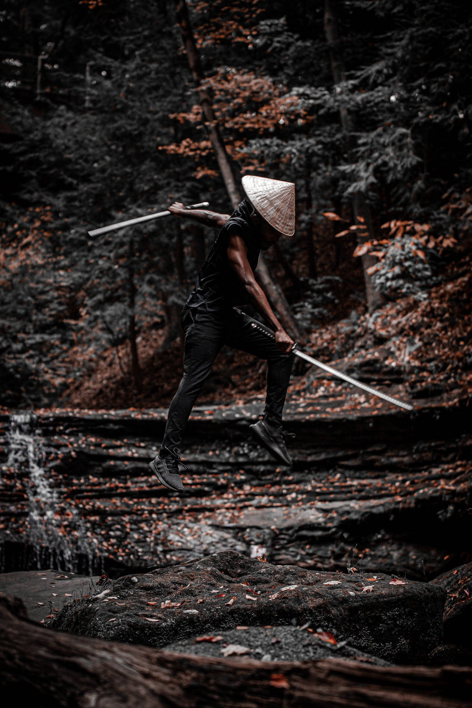 8K Samurai, conical hat, two swords, Full HD Phone Wallpaper