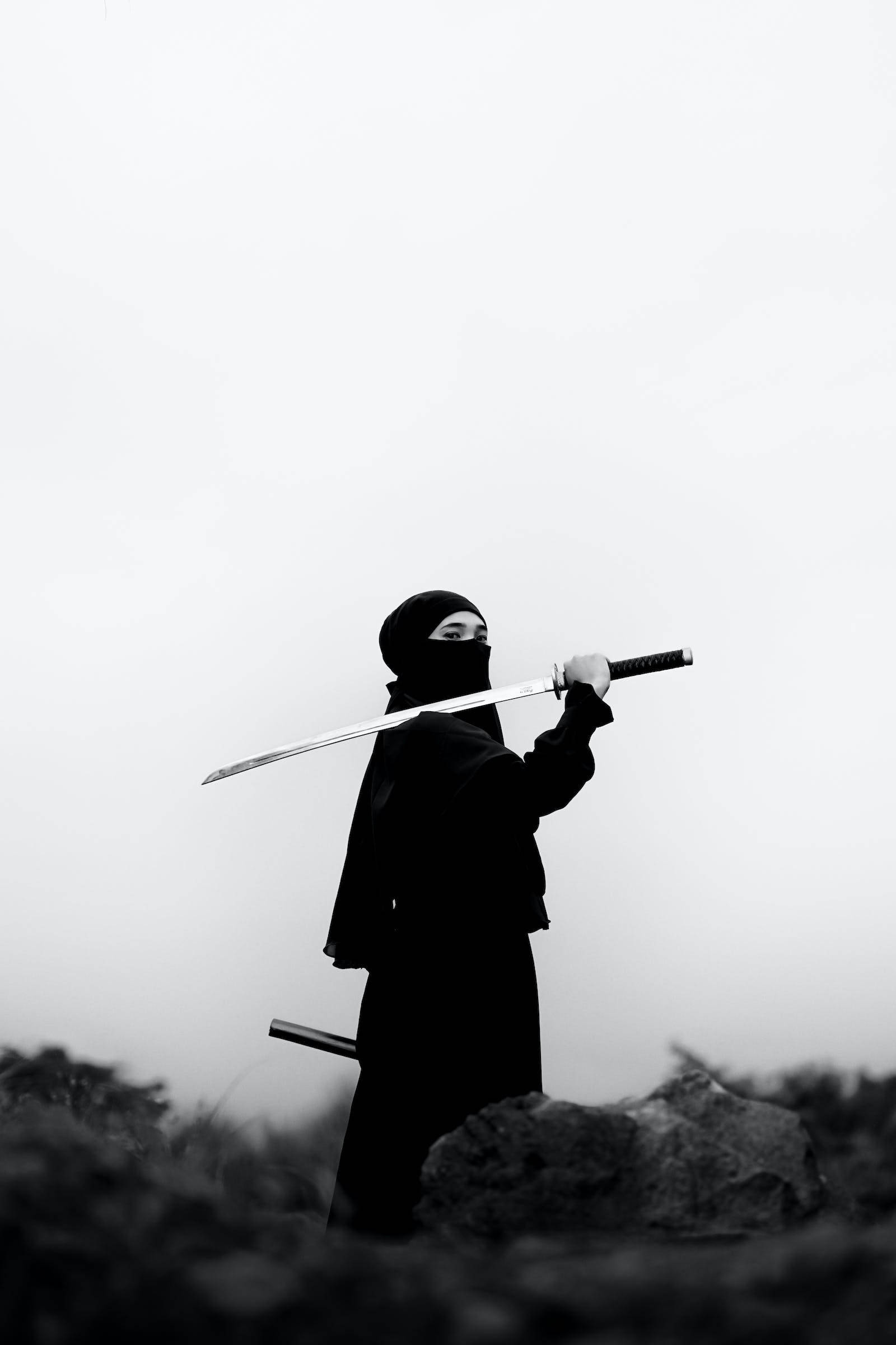 8K Samurai, black outfit, katana, Full HD Phone Wallpaper