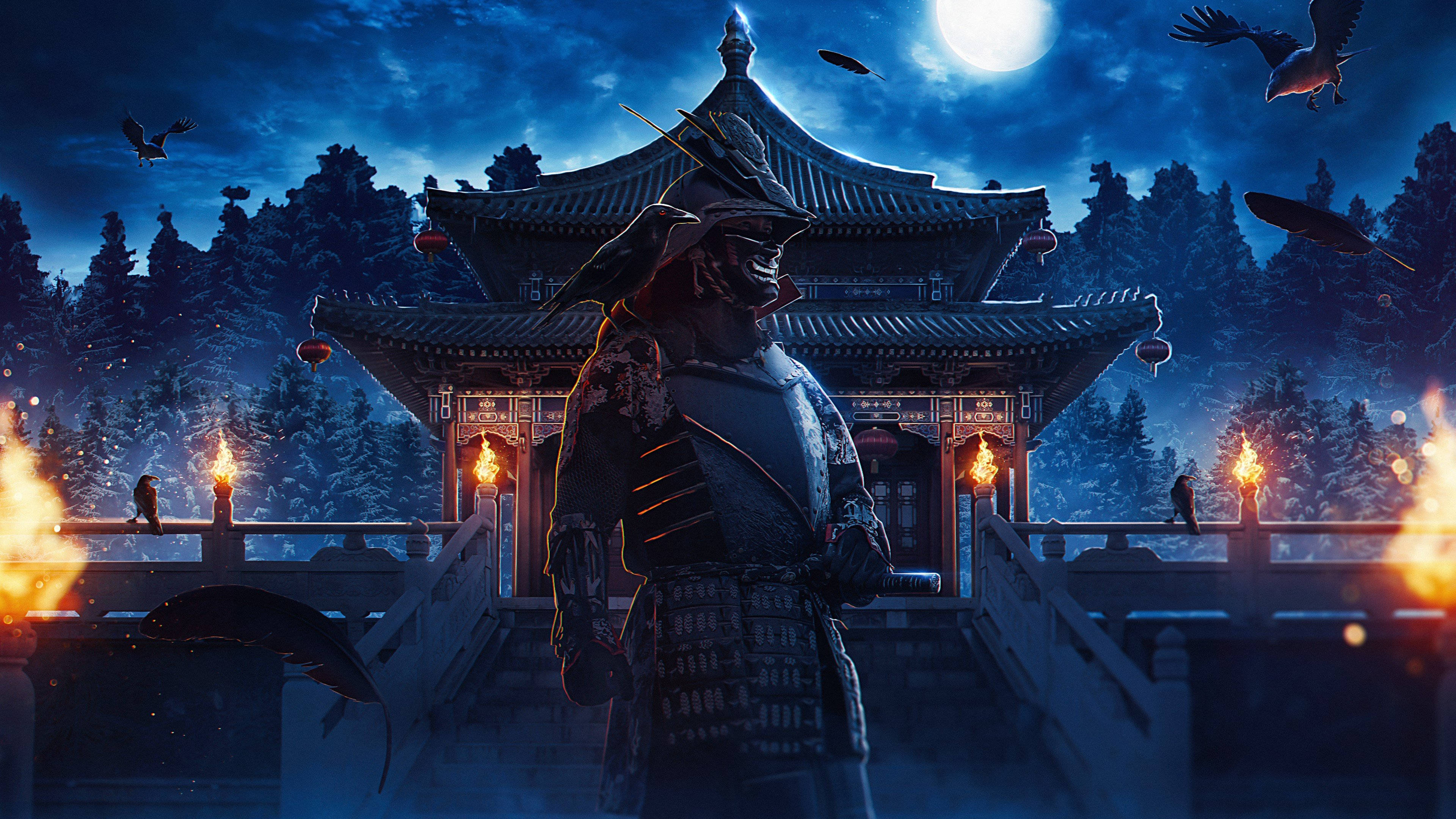 8K Samurai, full armour, traditional temple, 4K Desktop Wallpaper